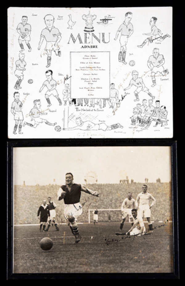 A fully-autographed Arsenal 1930 F.A. Cup final celebration dinner menu, held at the Holborn Restaur...