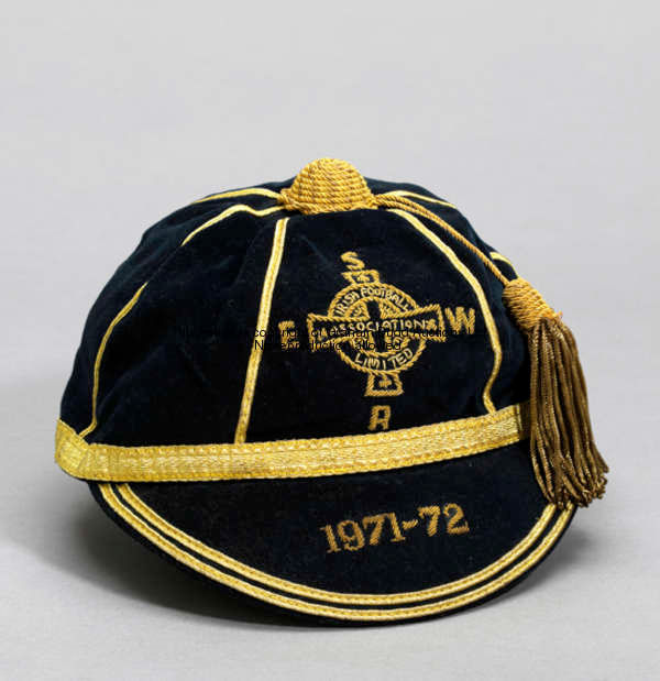 Derek Dougan's dark blue Northern Ireland international cap season 1971-72, inscribed IRISH FOOTBALL...