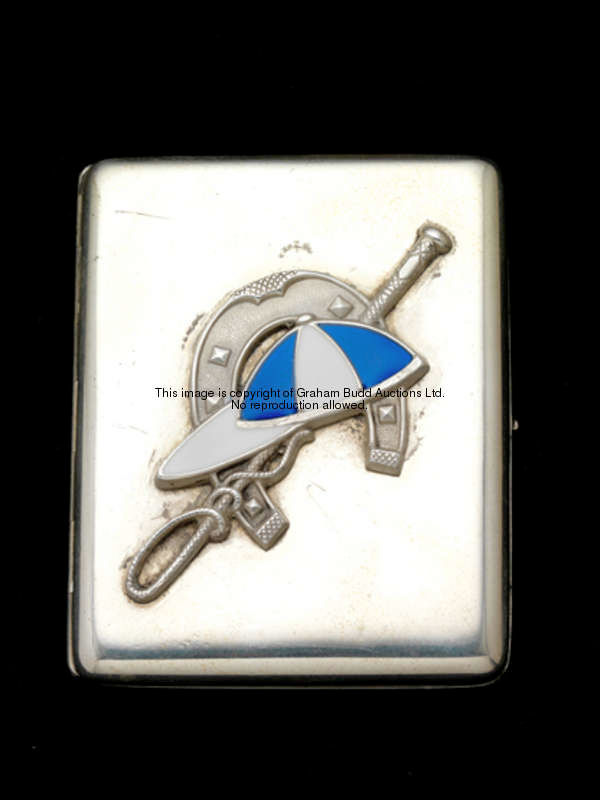 A Victorian silver card case designed with racing motifs including a blue & white enamel jockey cap,...