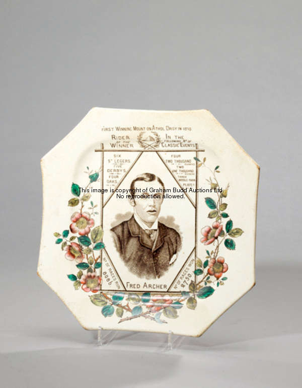 A Staffordshire octagonal pottery plate commemorating the jockey Fred Archer circa 1886, Wallis Gims...