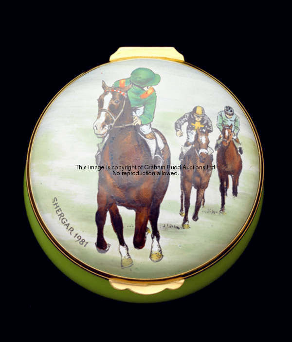 A collection of 16 enamel boxes from the Racehorses of the Year series, Troy, Barathea, Habibti, Gen...