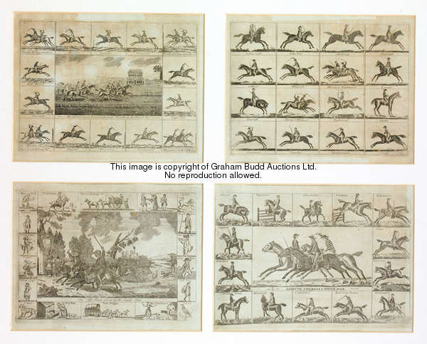 A group of four small 18th century racing engravings, mounted together, one showing Hambletonian bea...