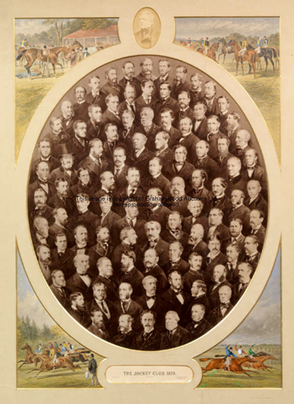 A photogravure of the Jockey Club members 1878, surrounded by four spandrel-shaped watercolours of r...