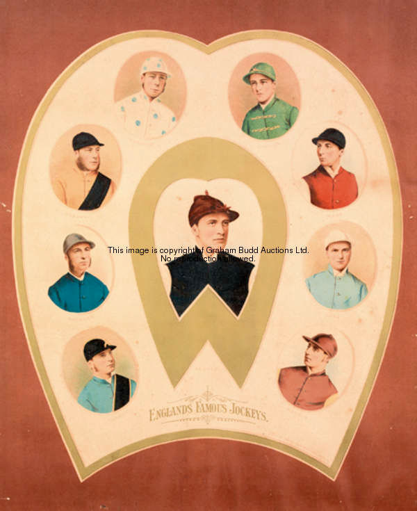England's Famous Jockeys, a Victorian chromolithograph with a horseshoe-shaped design featuring Fred...