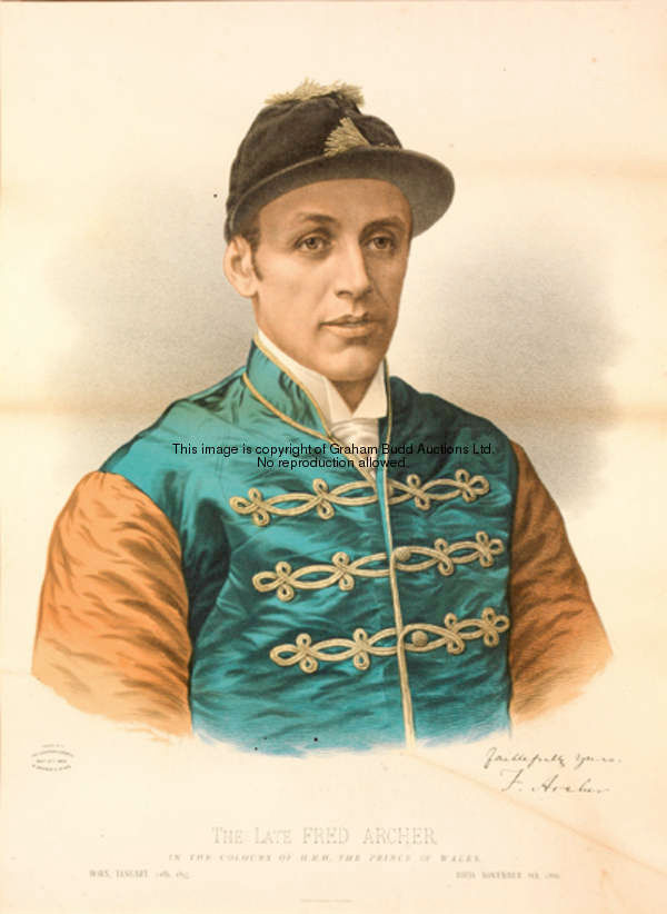 A colour lithograph of Fred Archer. in the colours of the Prince of Wales, issued by Illustrated Spo...