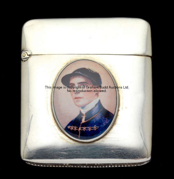 A Victorian silver vesta case later set with an oval enamel portrait of the royal jockey Herbert Jon...