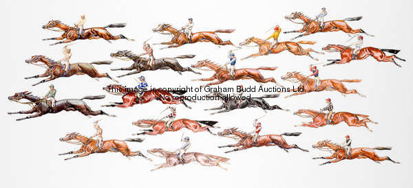 A pair of pictures made from Victorian scraps of racehorses & jockeys, the horses & colours hand fin...