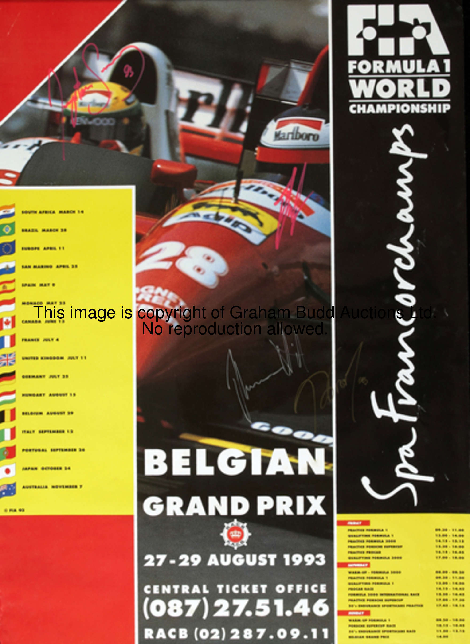 Senna, Prost, Hill, Berger-signed 1993 Belgian Grand Prix poster,  a large official FIA Formula 1 li...