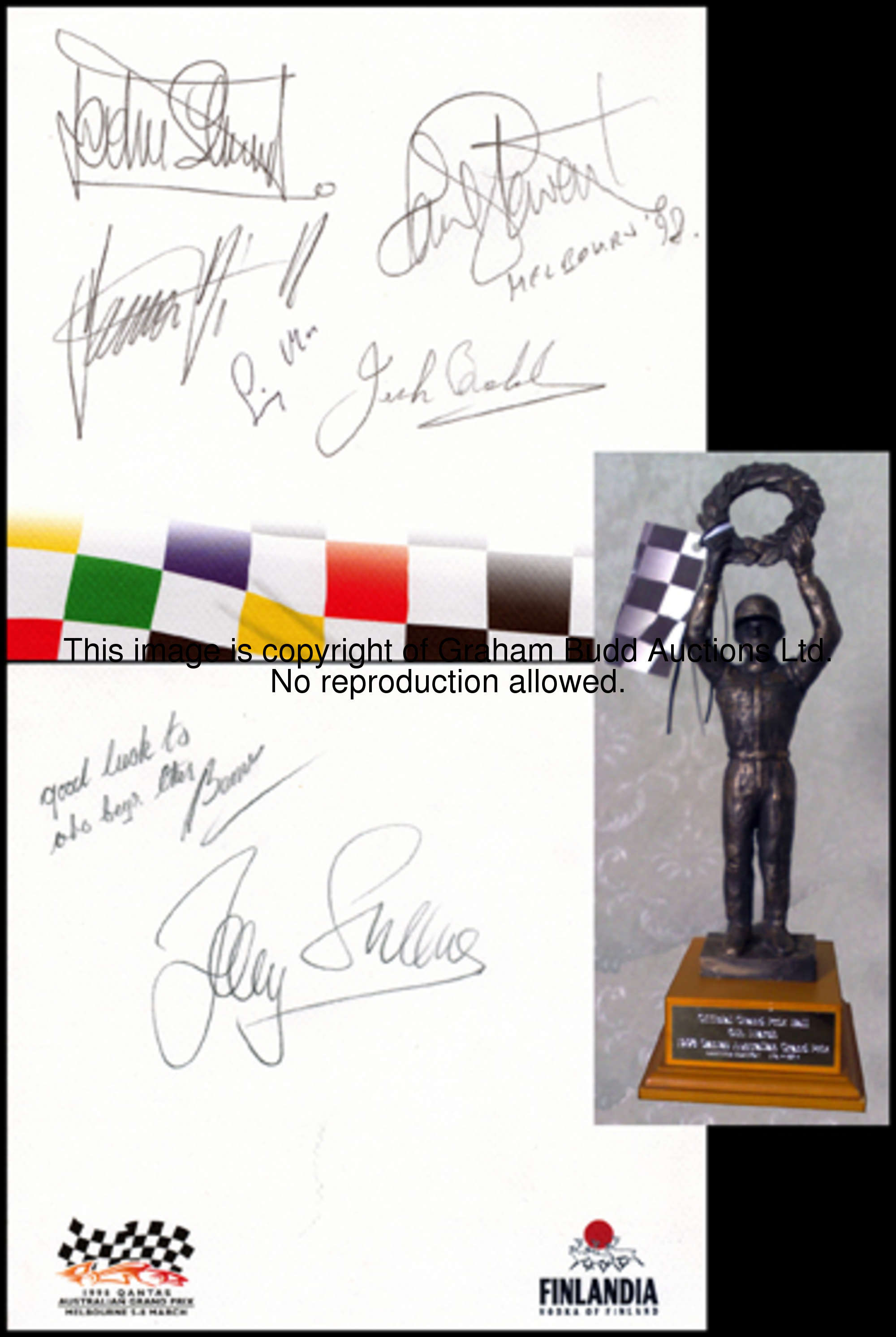 Driver-signed menu and statuette from the 1998 Australian Grand Prix 'Myths & Legends Ball',  the me...