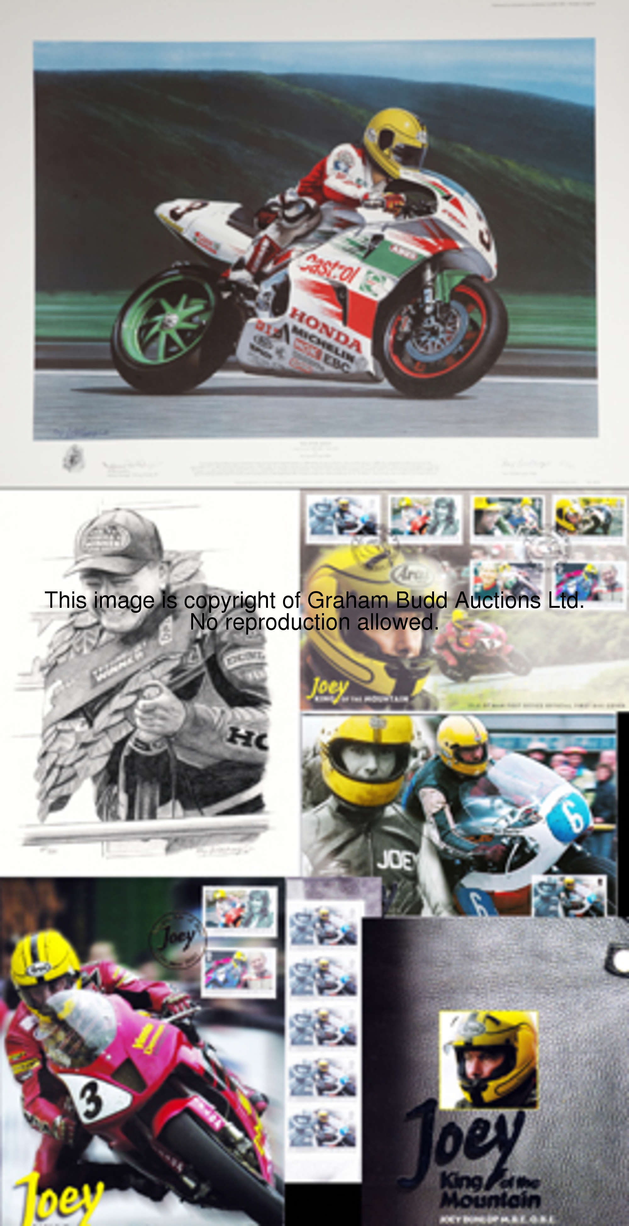 A quantity of Joey Dunlop commemorative items,  including a limited edition lithographic print 'Big ...