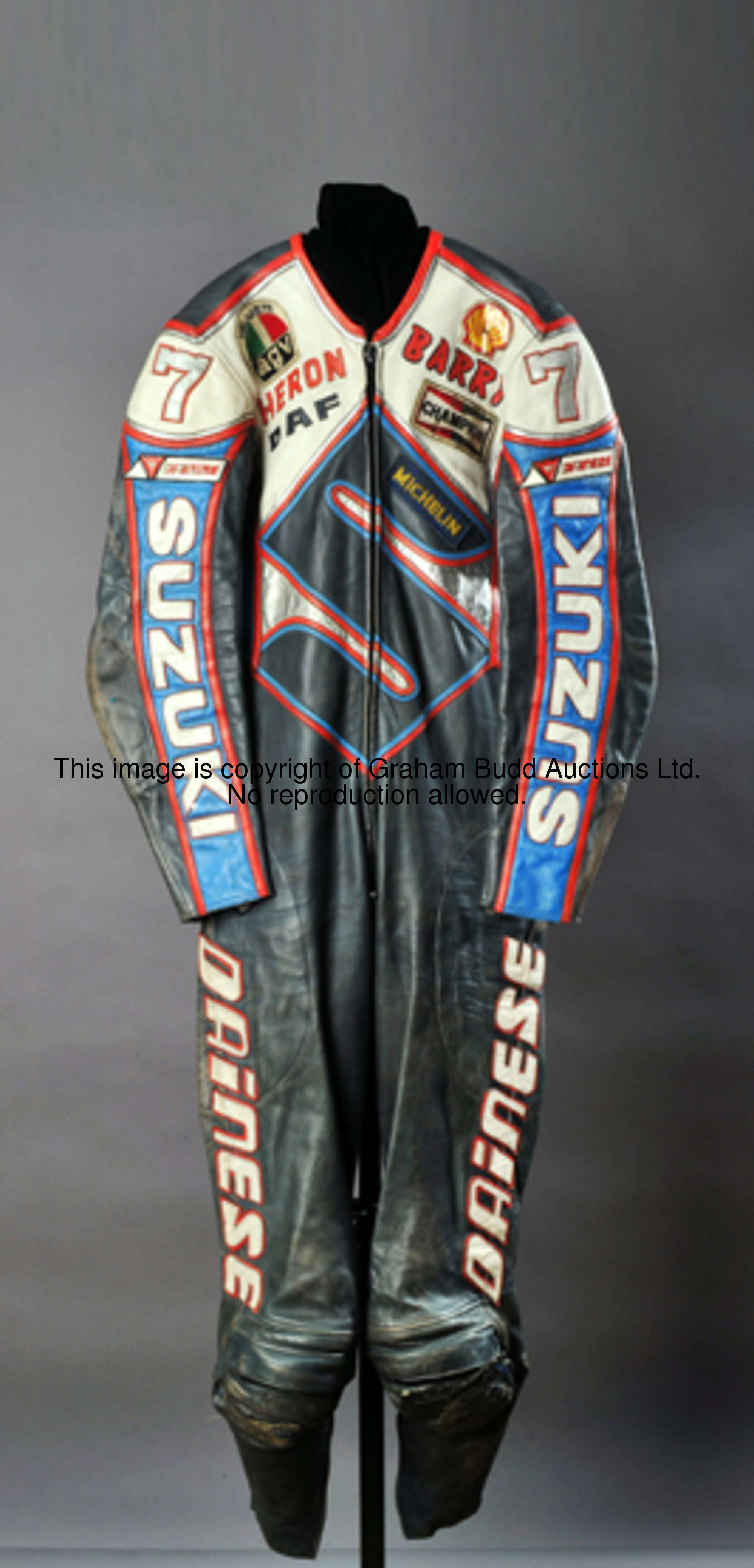 Barry Sheene 1984 Suzuki race-worn leathers,  bearing his name front and back, his lucky number 7 on...