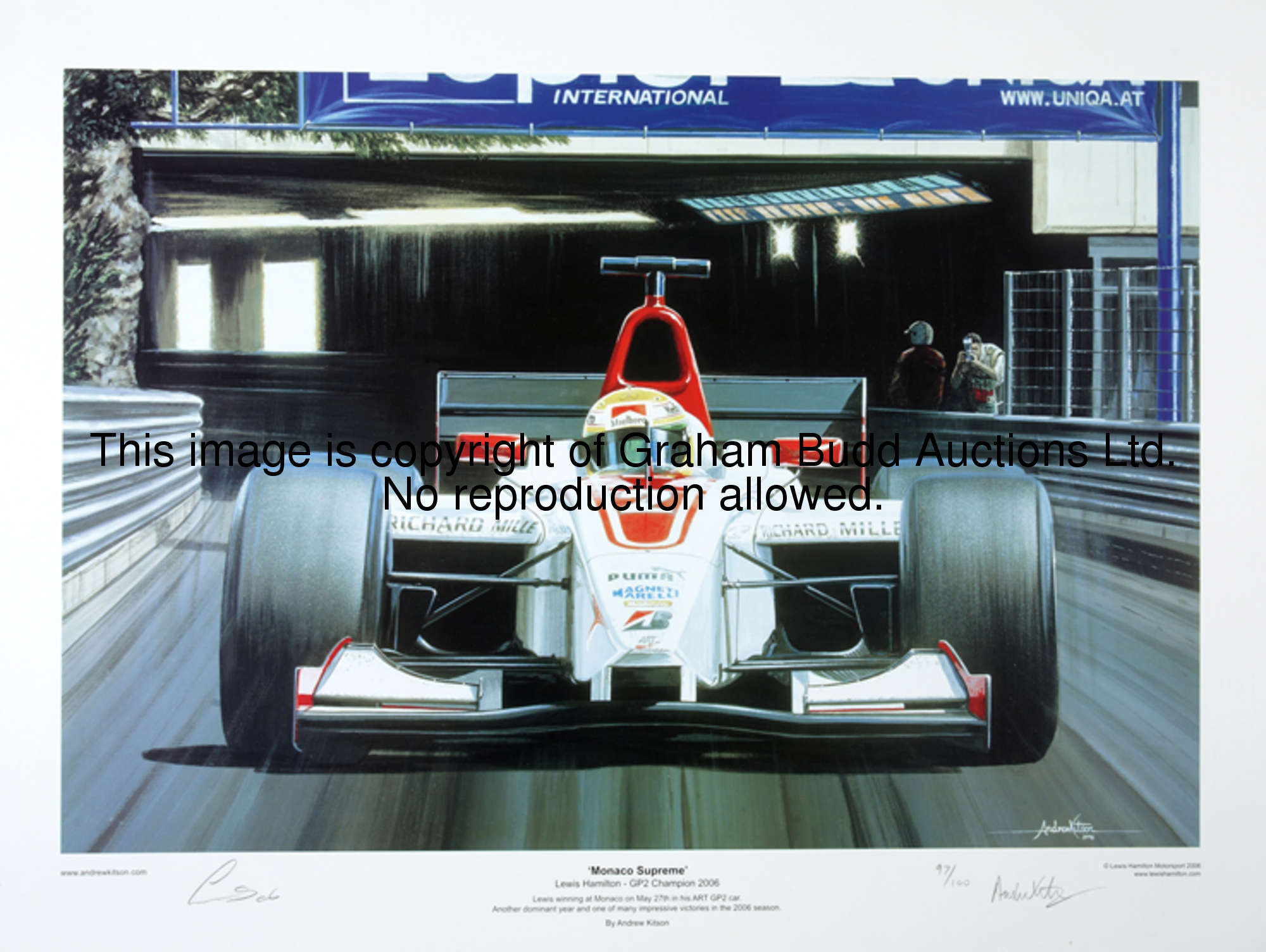 Lewis Hamilton-signed limited edition print and an Ayrton Senna Foundation fountain pen,  the limite...