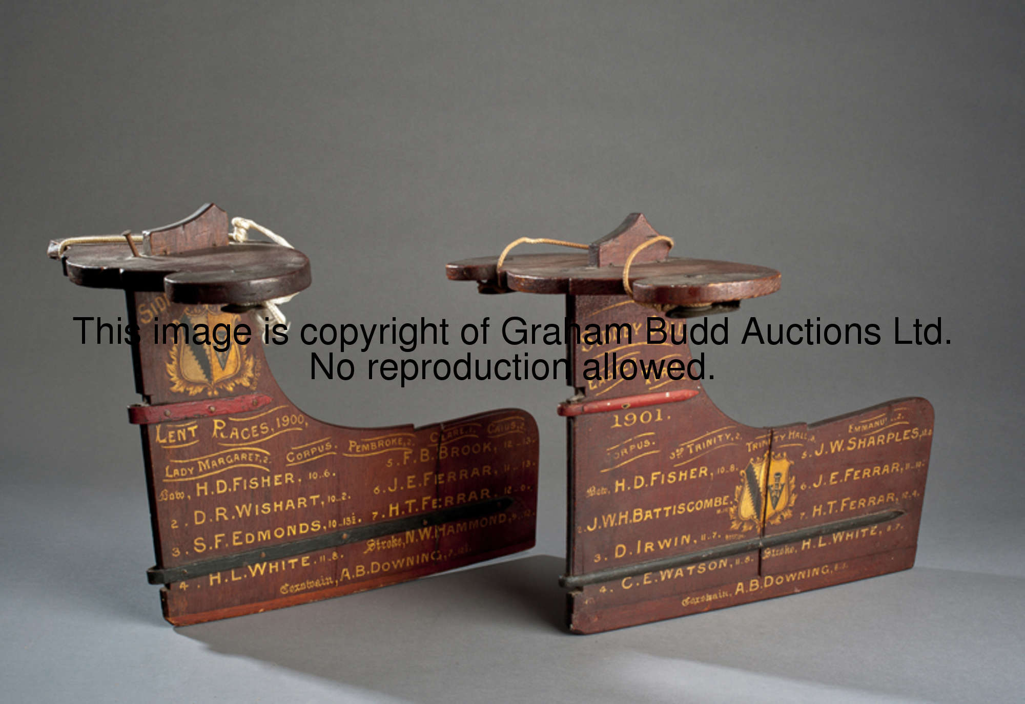 A pair of illuminated Sidney Sussex College boat rudders commemorating the Lent Races of 1900 and th...