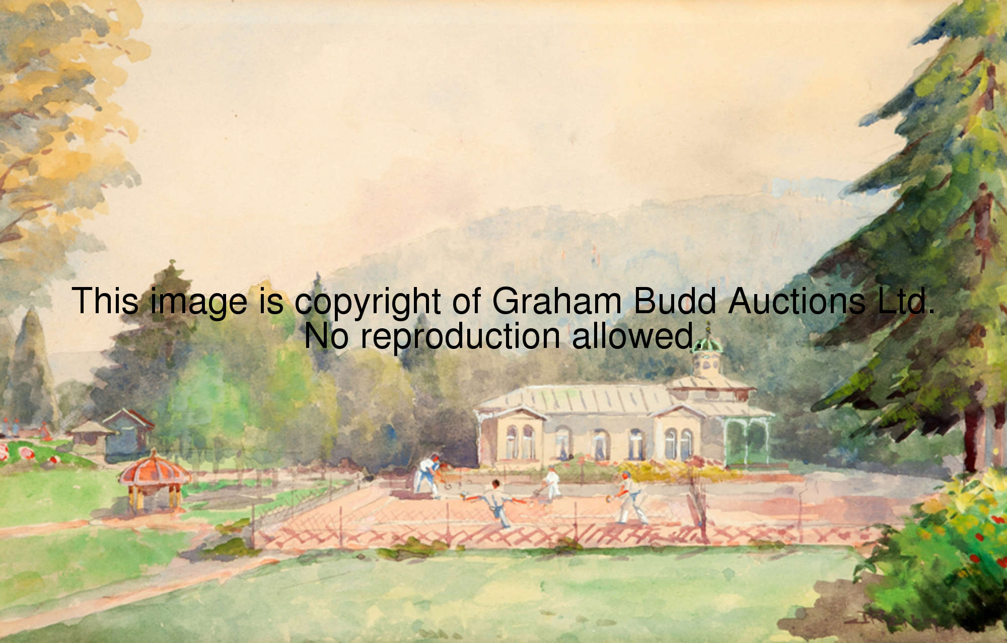 Continental School (20th century) BADEN-BADEN LAWN TENNIS CLUB IN THE 1920s watercolour, 26 by 16cm....