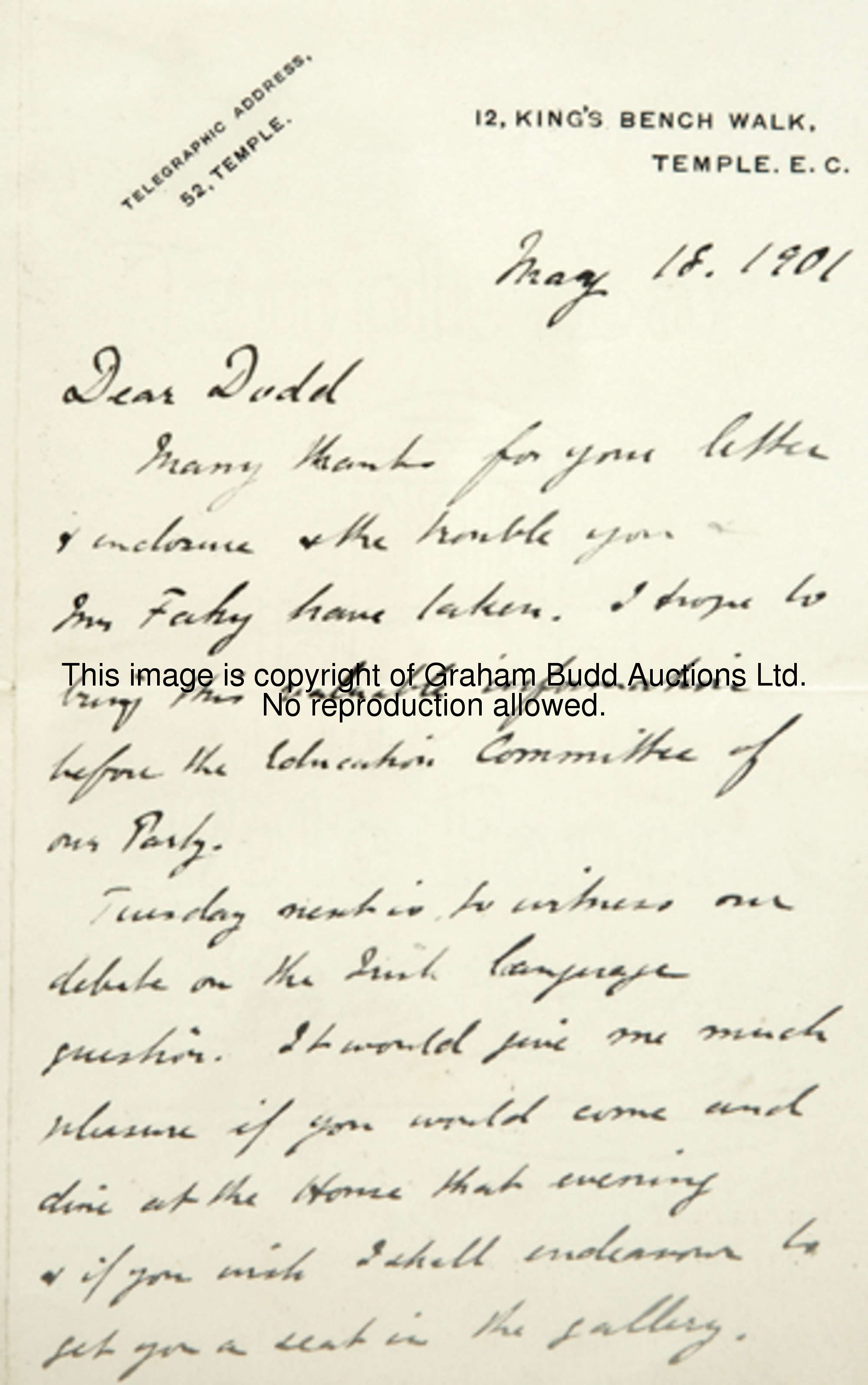 An extremely rare signed letter from the first Olympic lawn tennis champion John Pius Boland (1870-1...