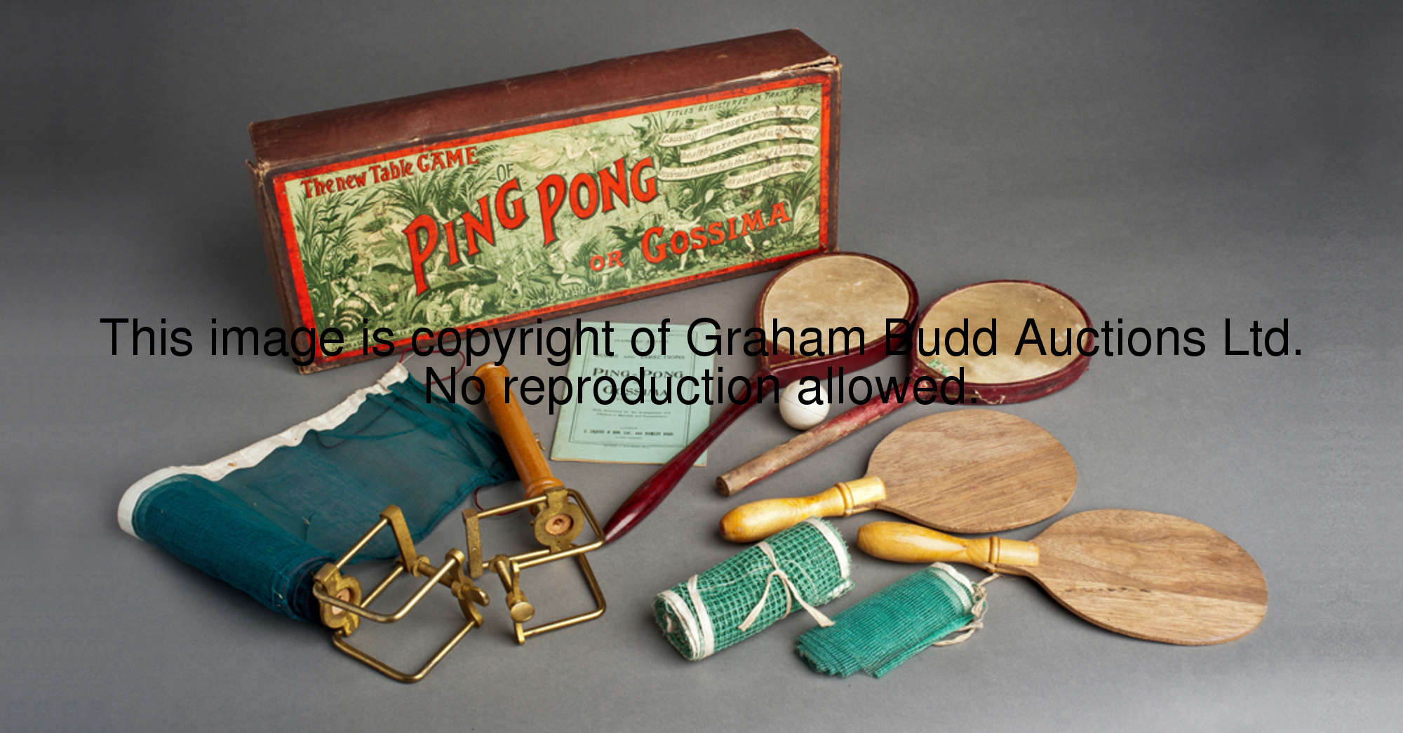 A Gossima or Ping Pong boxed set,  a fine early set complete with 2 vellum covered battledores, 2 pl...