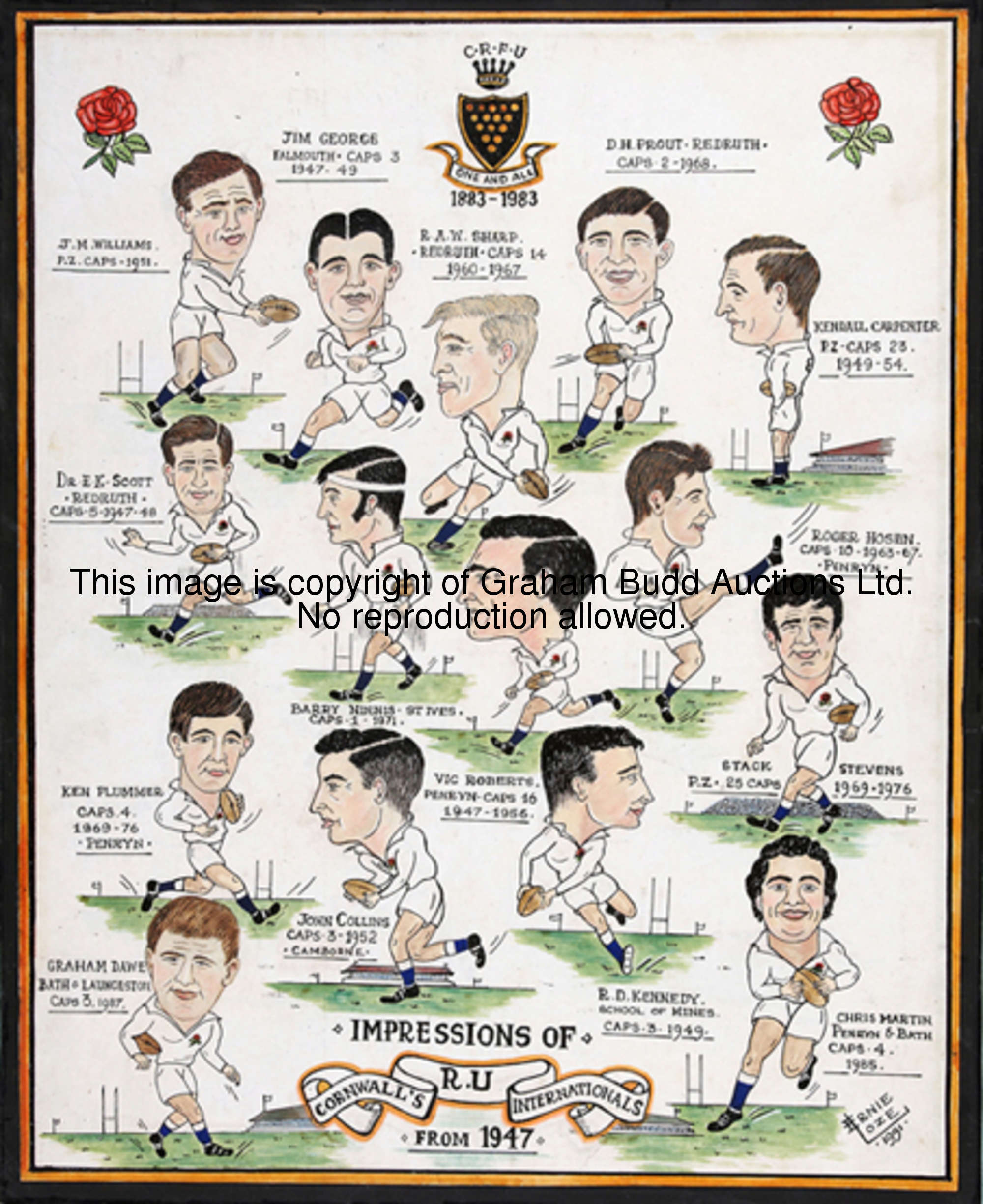 An archive of artworks by Ernie Loze relating to rugby union football in Cornwall, the majority orig...