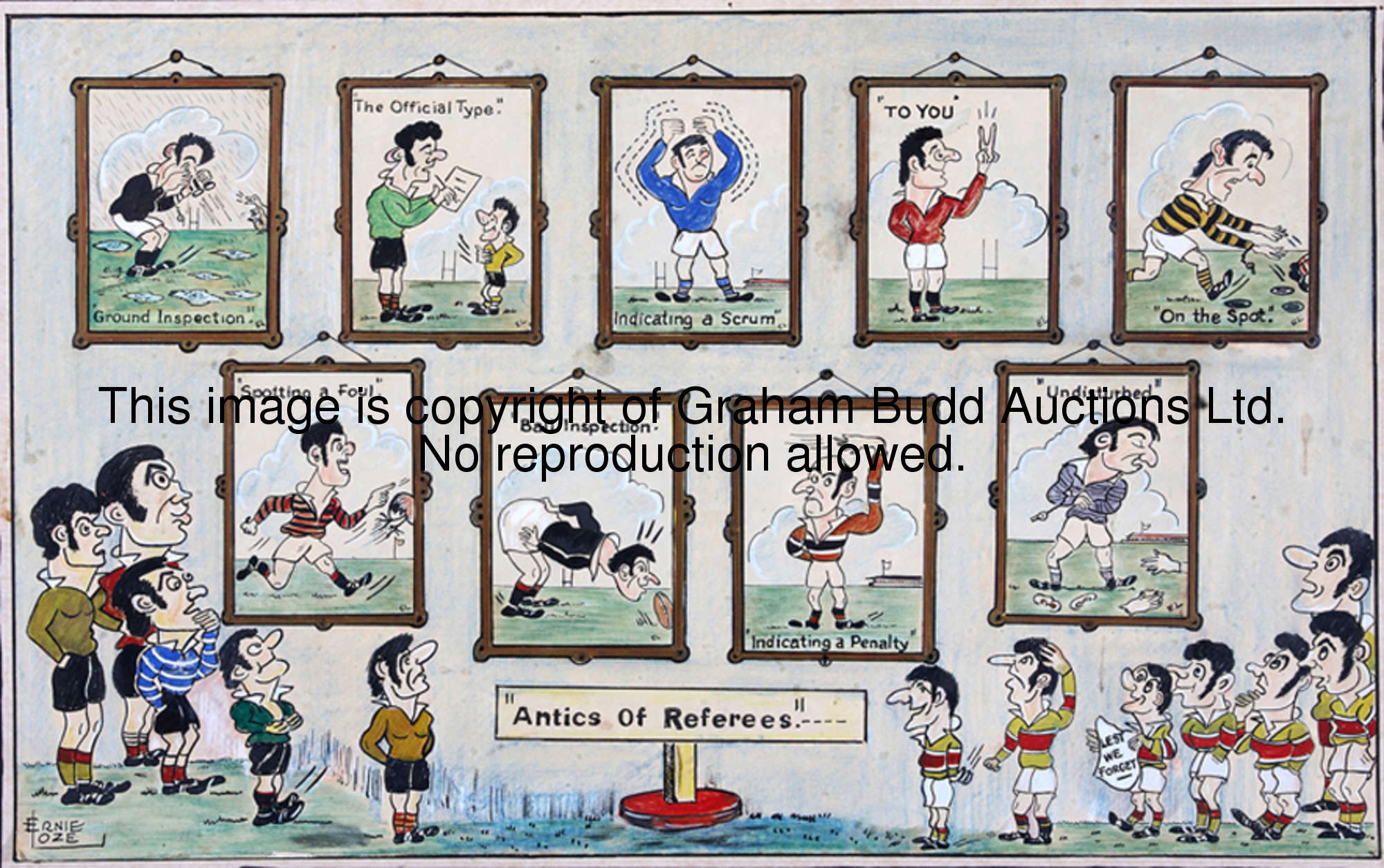 A quantity of Ernie Loze original artworks relating to rugby union football, many of a humorous natu...