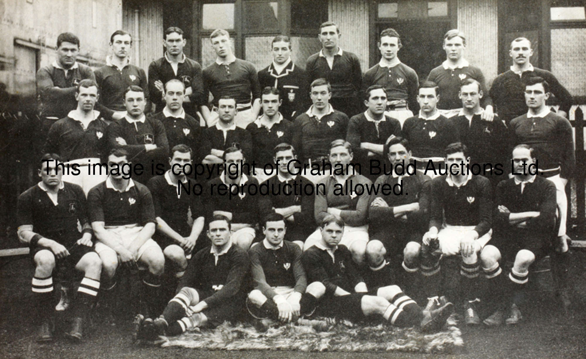 A group of six framed official photographs of rugby teams, all with printed legends to the mount, co...