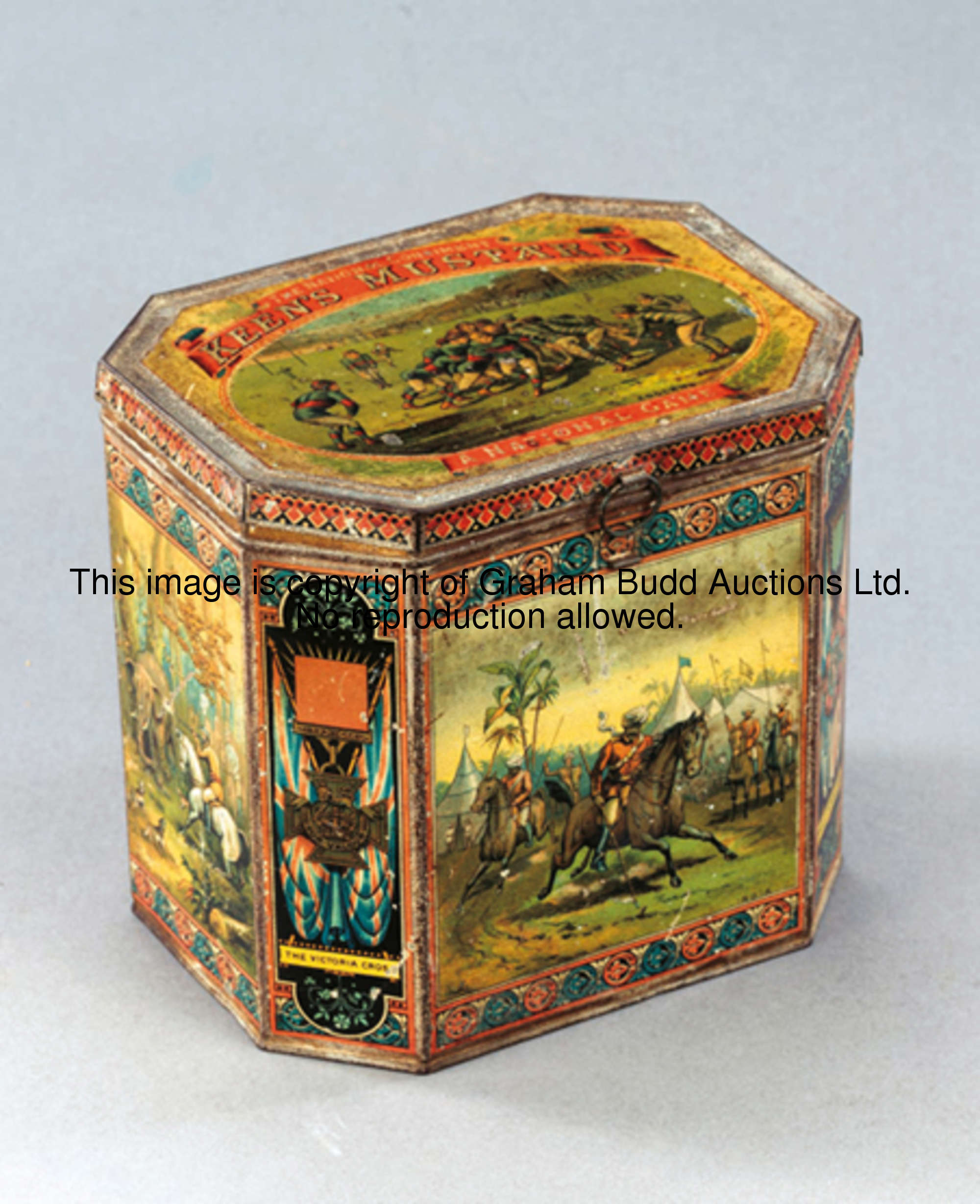 A Keen's Mustard tin portraying a rugby match 1880s, complete with inner advertisement and liner cov...