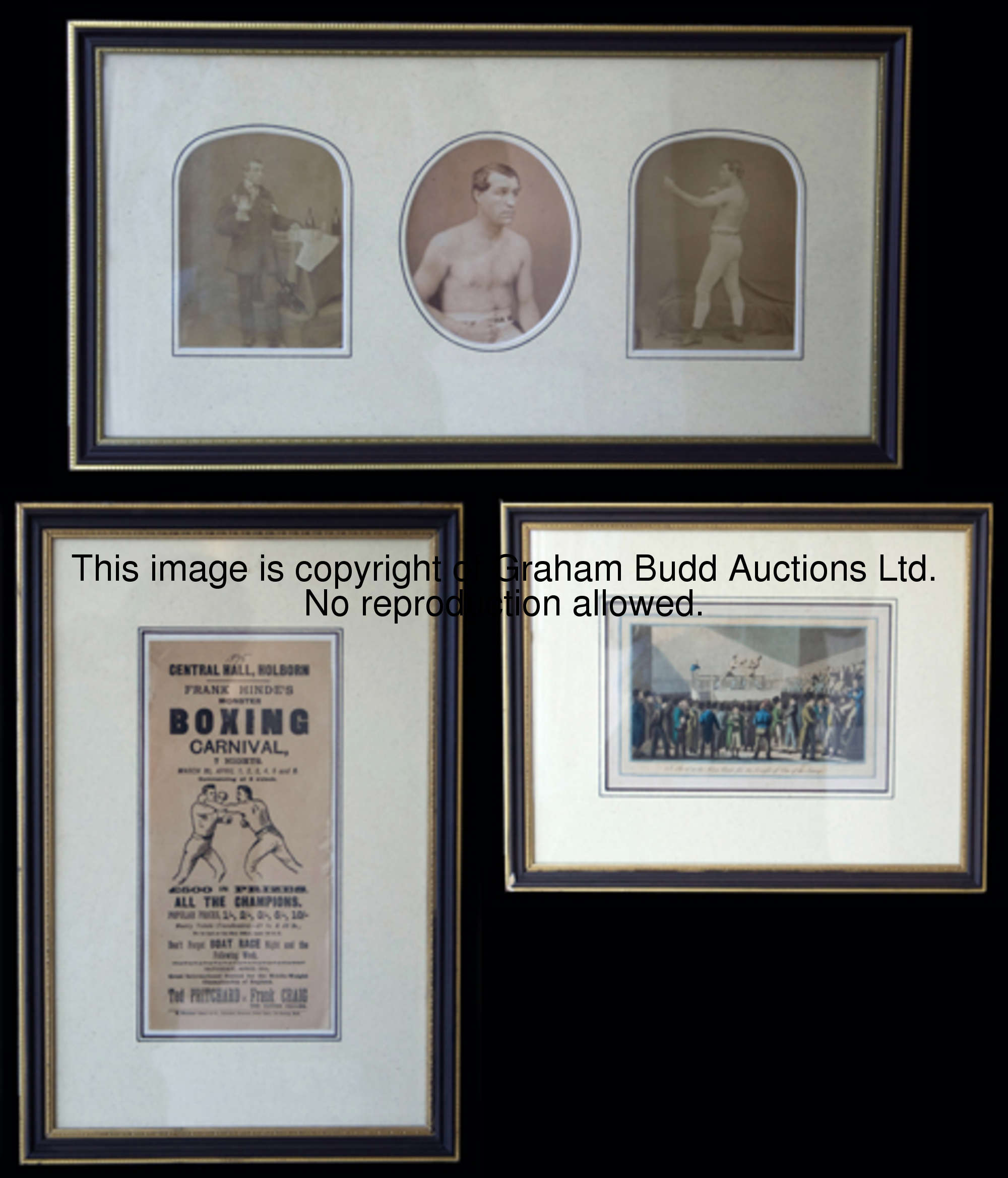 A set of three sepia-tone photographic prints of the English bare knuckle boxing champion Tom Sayers...