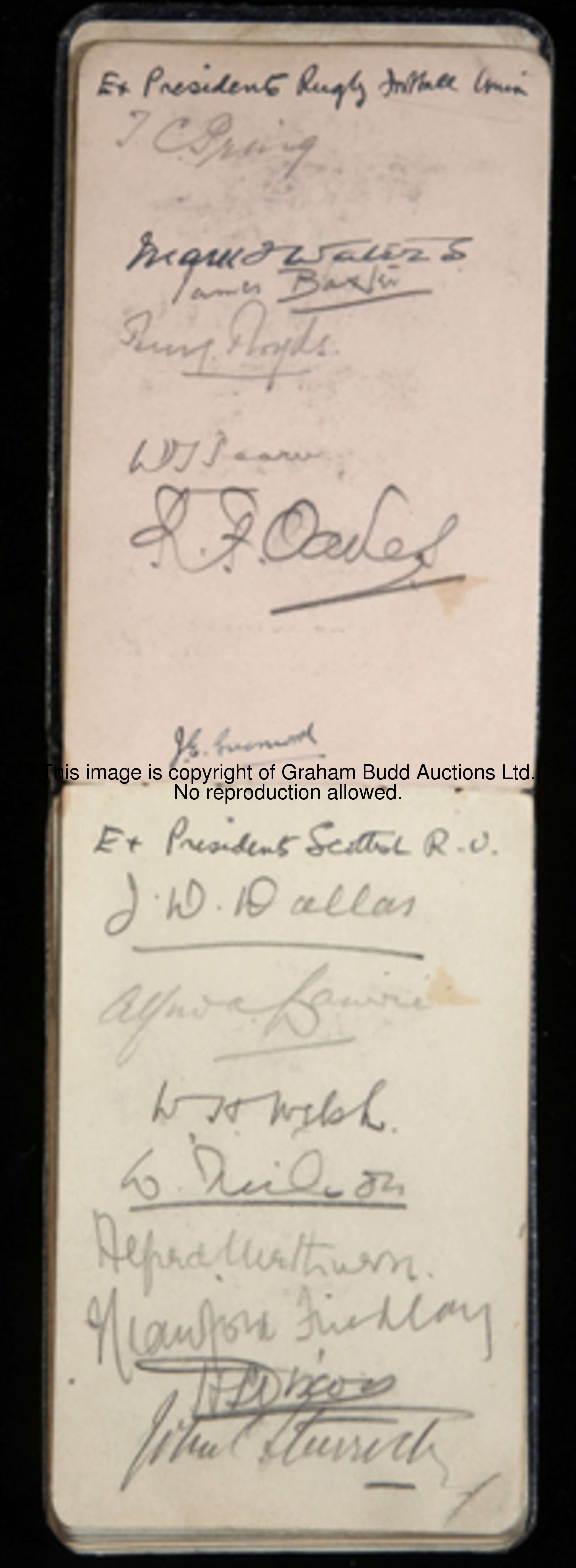 Rugby & cricket autograph book circa 1936-1937, with a double-page titled 'Ex Presidents Rugby Footb...