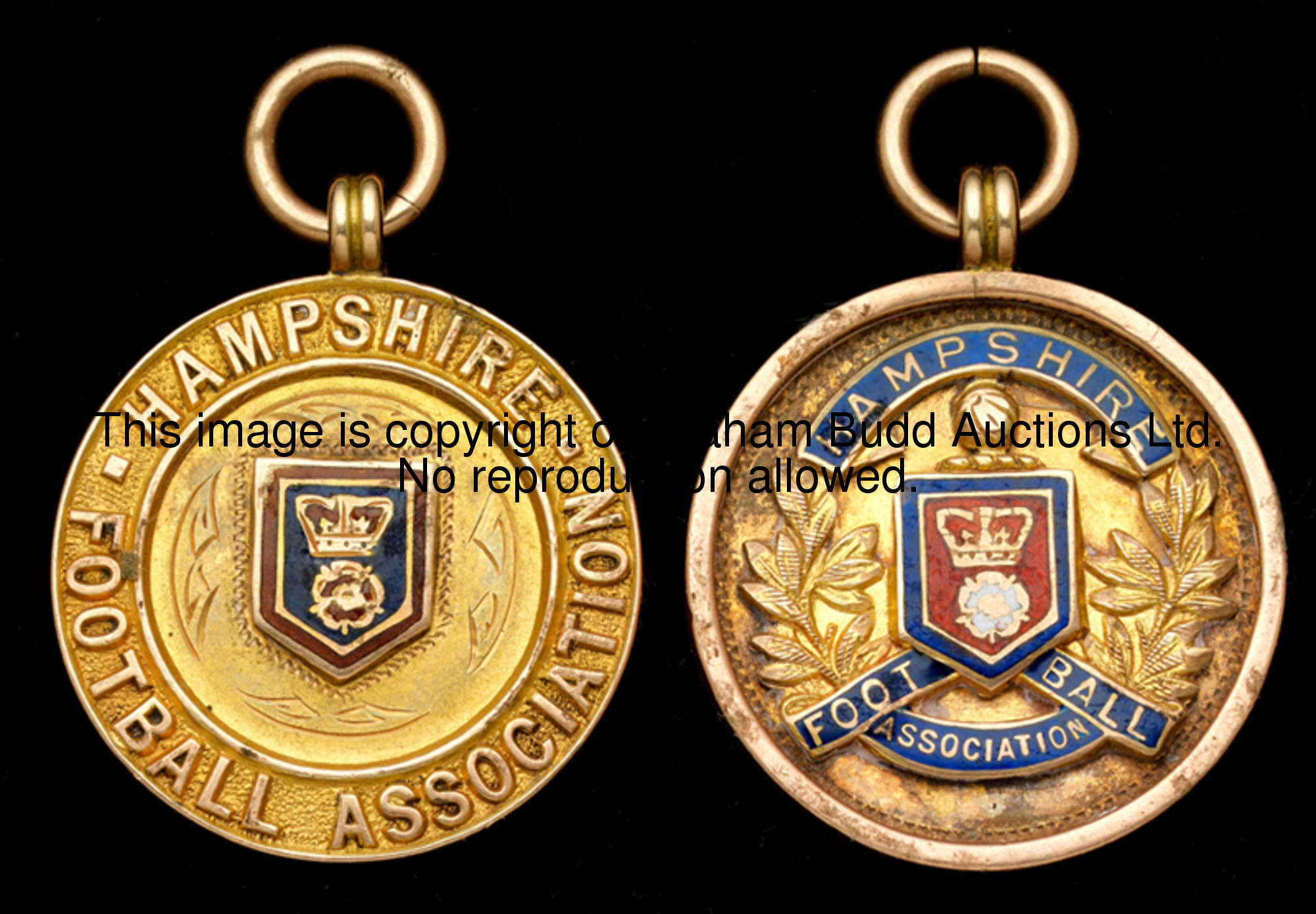 Two 9ct. gold & enamel Hampshire Football Association medals, a 1936-37 Division 1 medal and a 1937-...