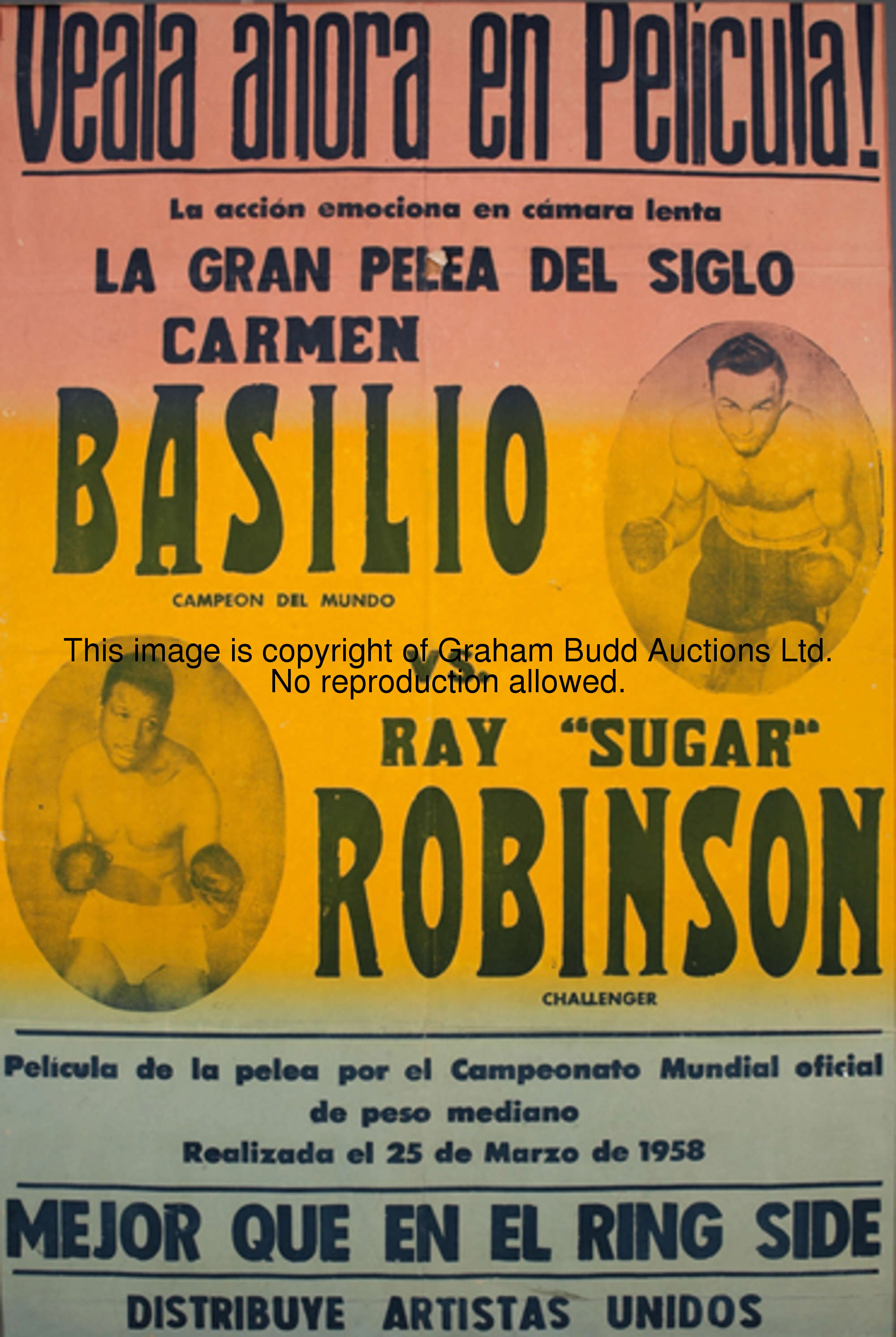 A large Italian film poster for the Sugar Ray Robinson v Carmen Basilio fight in 1958, mounted ready...