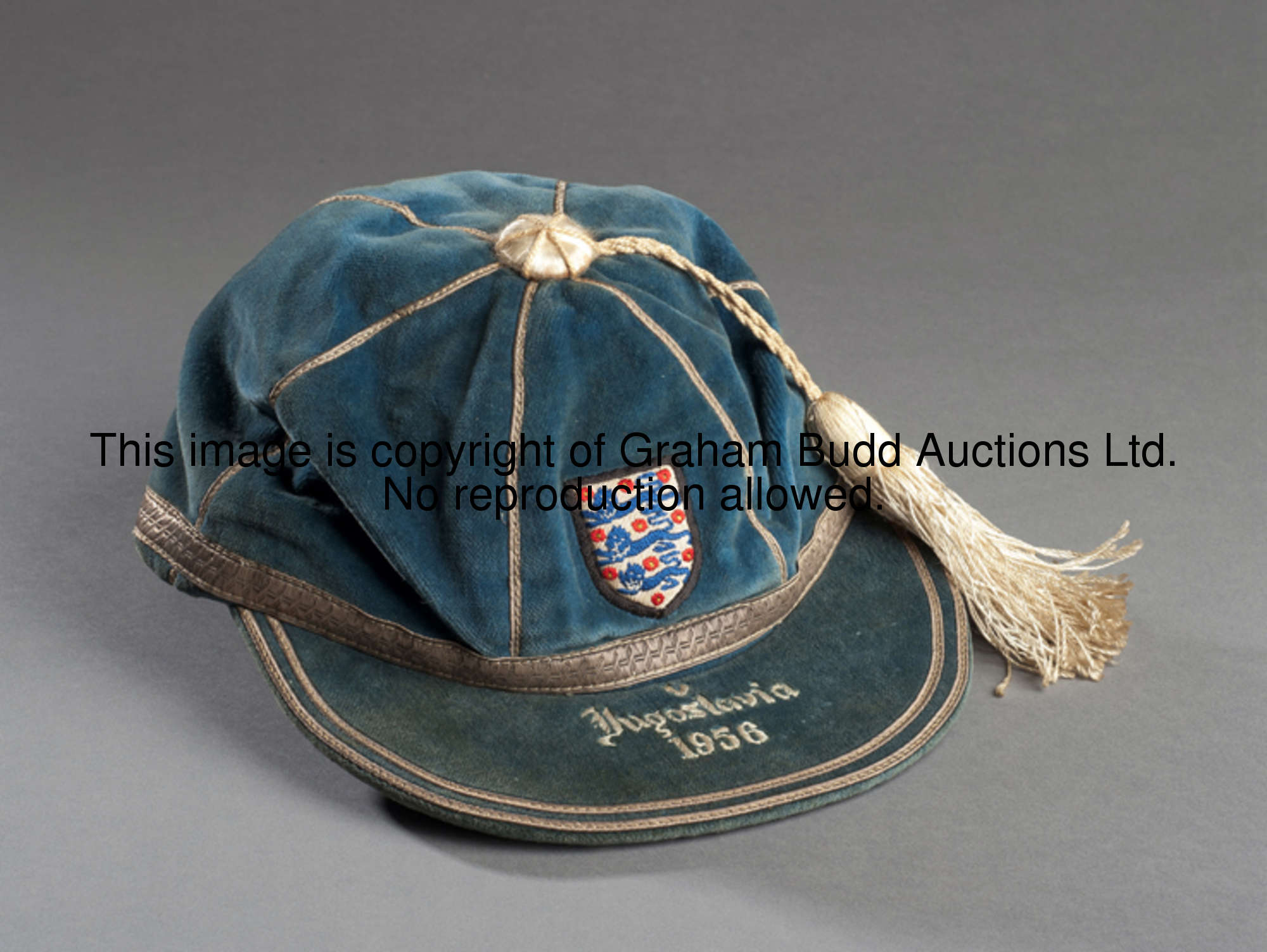 Johnny Brooks's blue England v Yugoslavia international cap 1956, inscribed V YUGOSLAVIA, 1956  Tott...