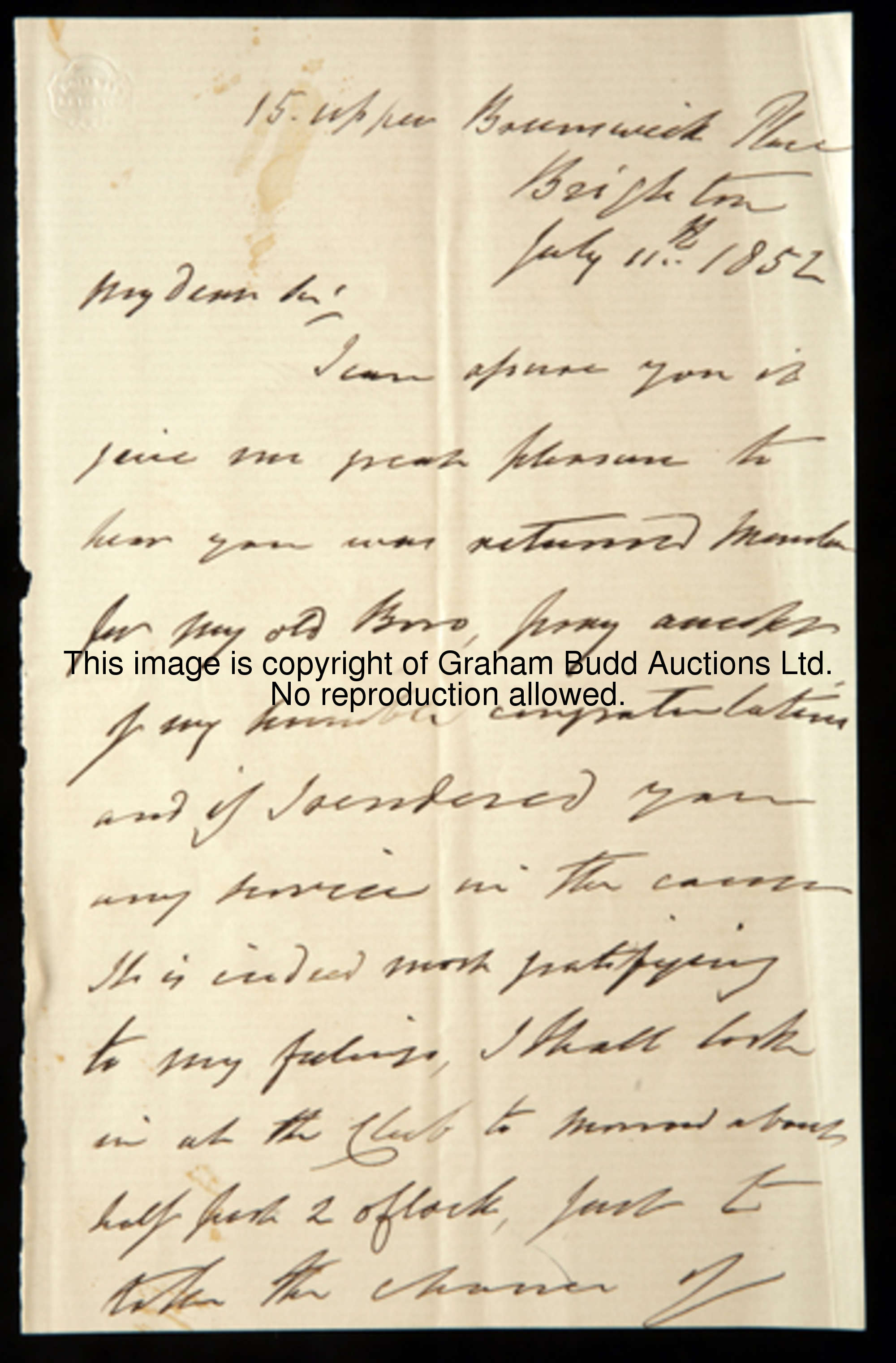 A signed manuscript letter from John Gully dated 11th July 1852, From an address in Brighton, corres...