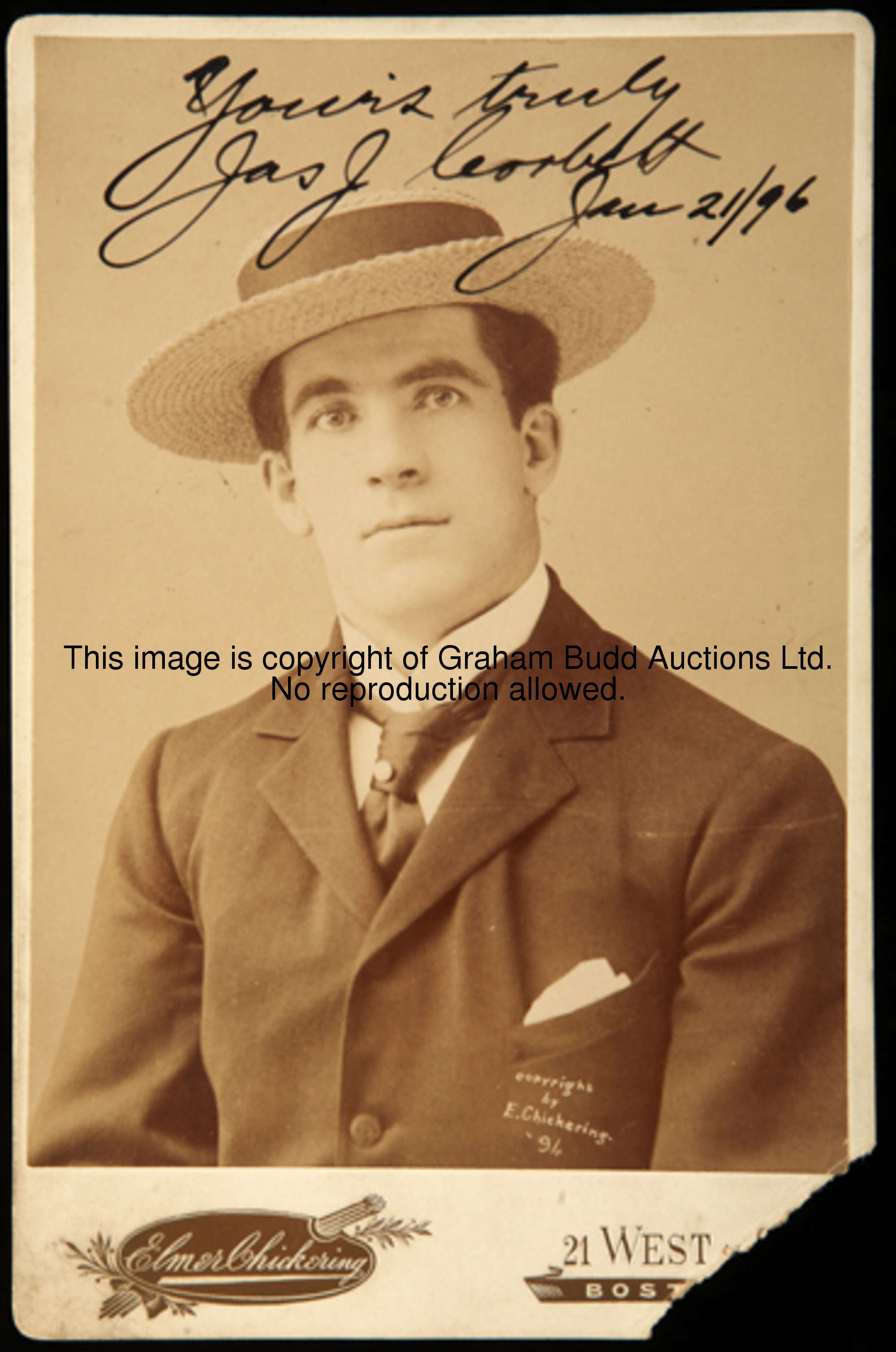 A sepia-toned photographic cabinet card portrait of the Irish-American Heavyweight Boxing Champion J...