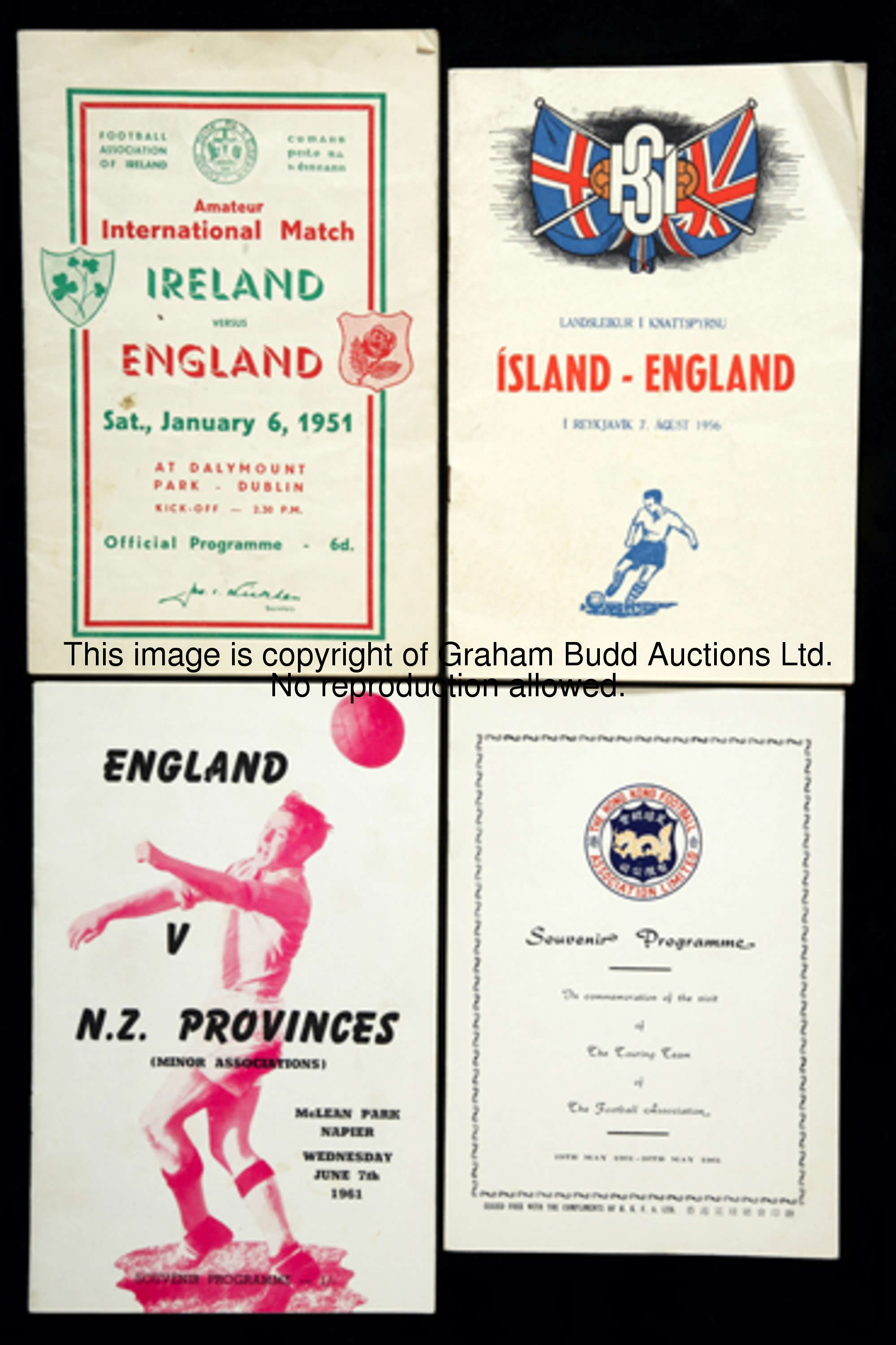 A group of nine overseas programmes for England Amateur International matches featuring Jim Lewis, R...