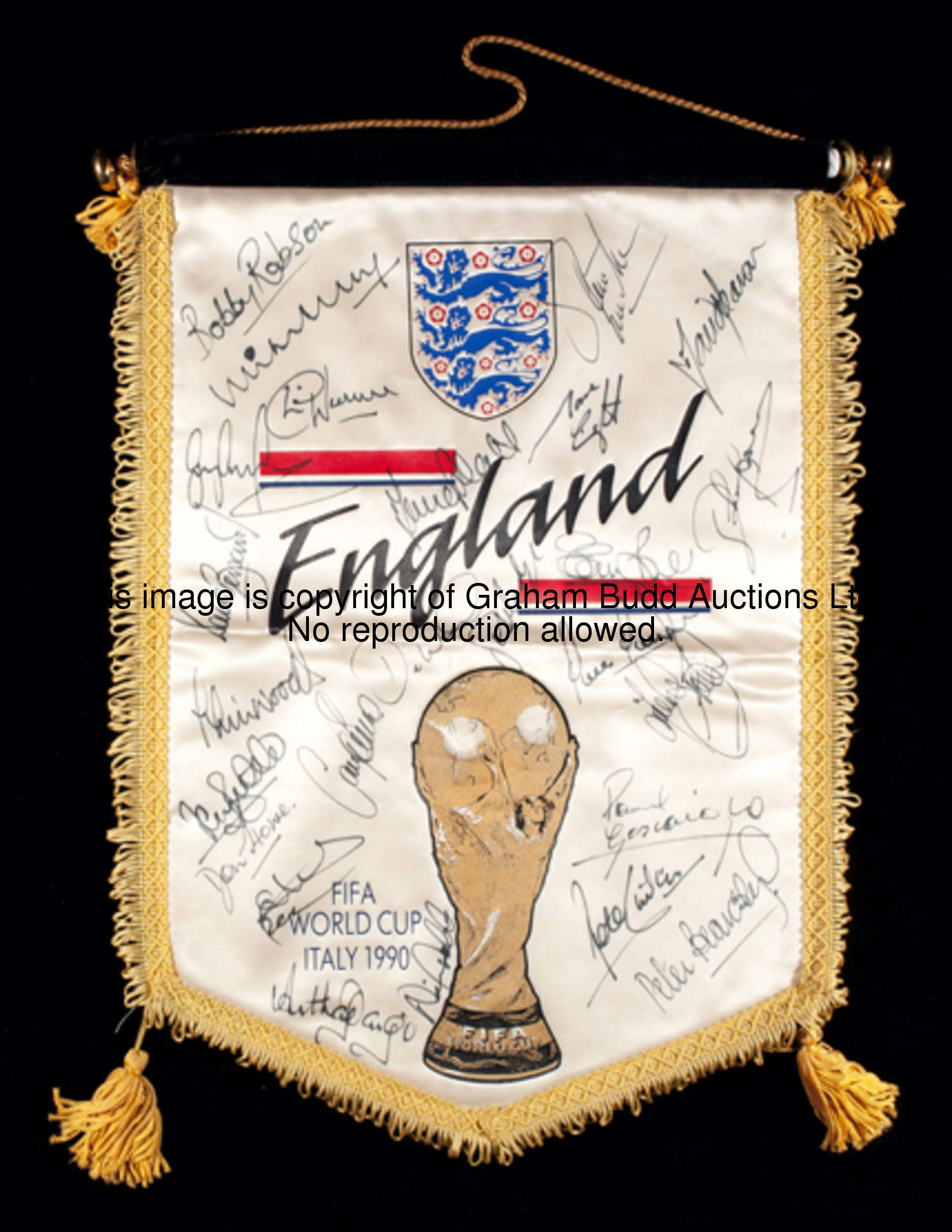 A squad-signed official England pennant for the 1990 World Cup, signatures in fine black marker pen