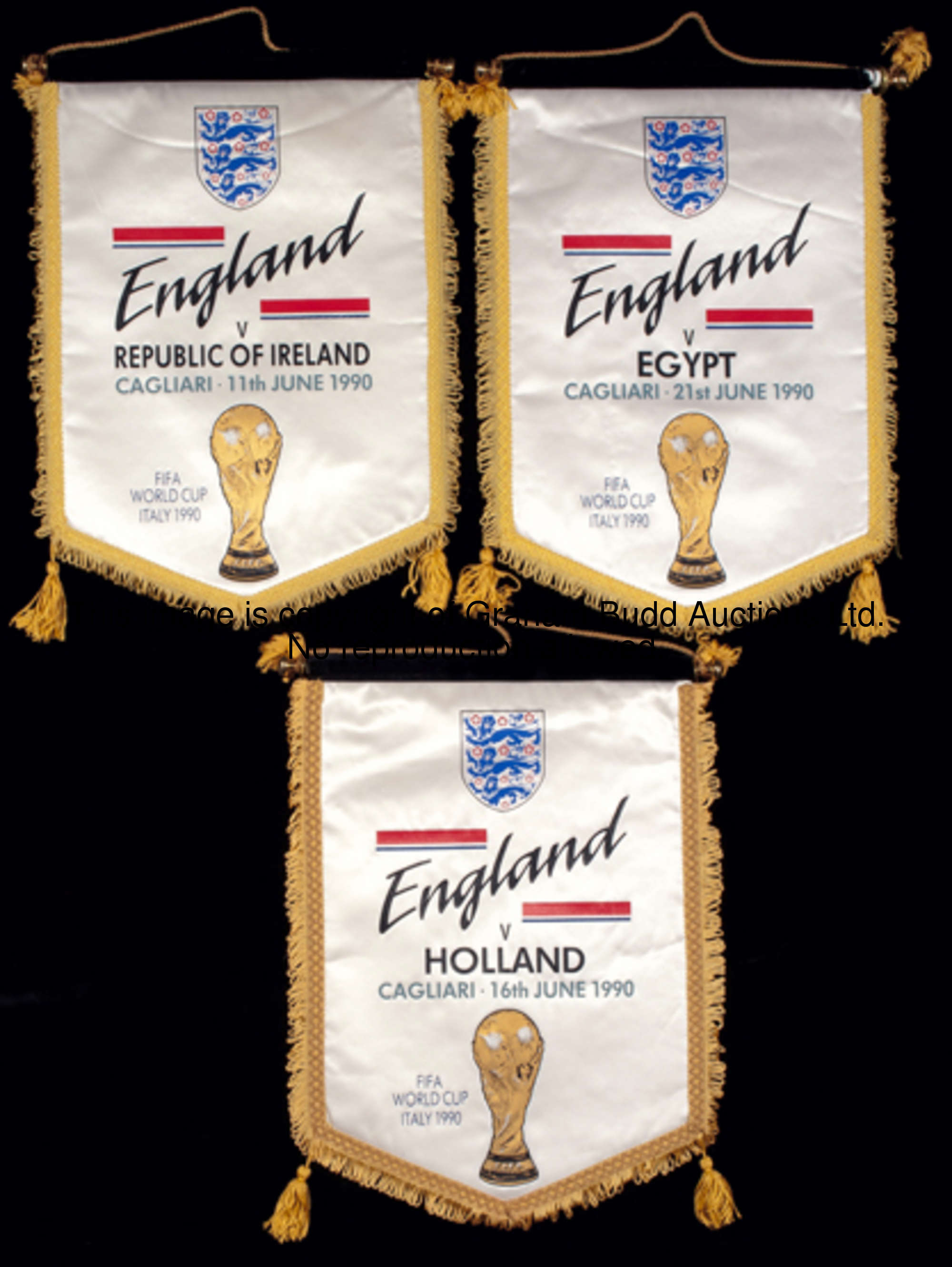 A group of three official England pennants for the Group Stage games of the 1990 World Cup, inscribe...