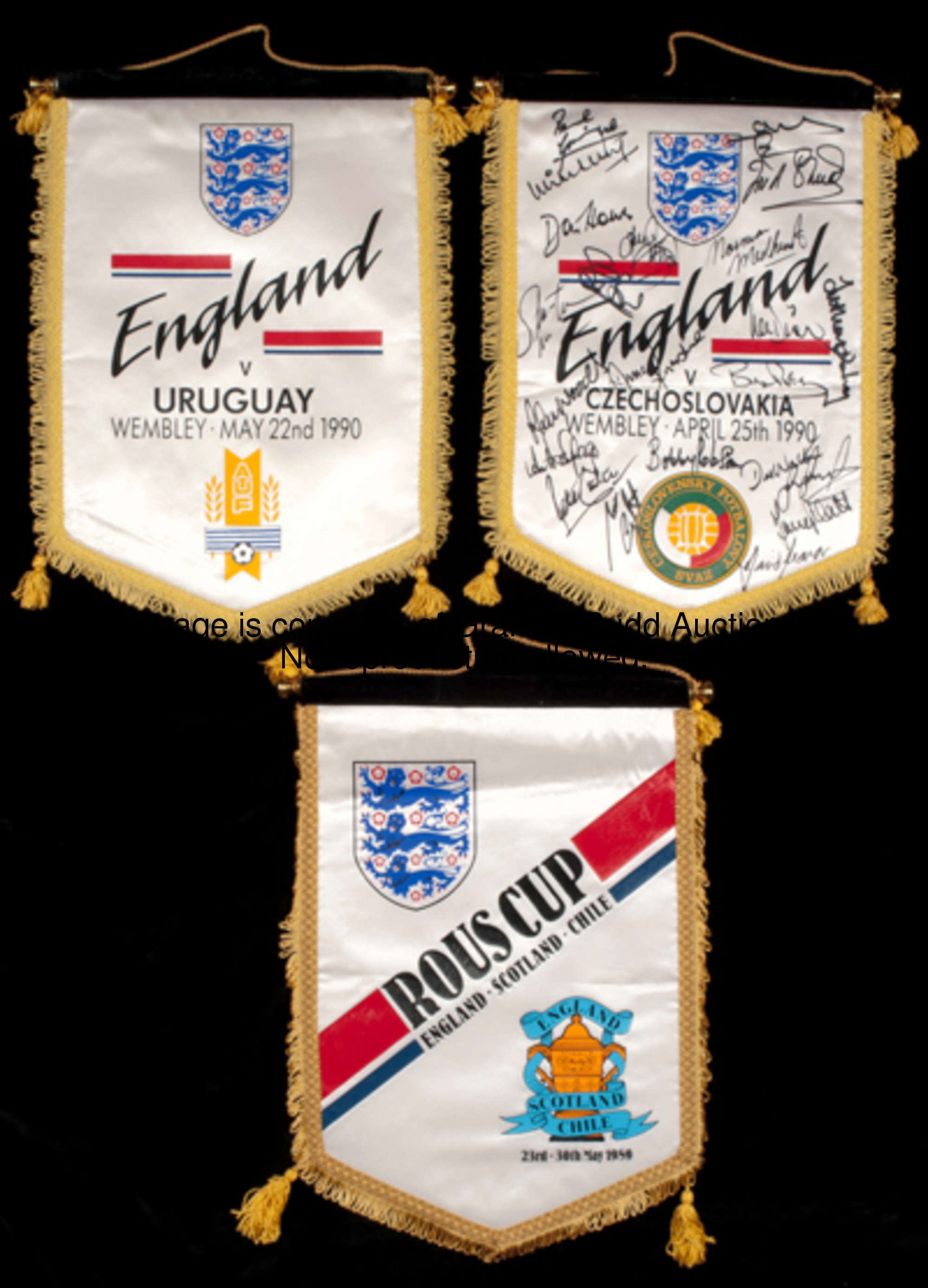 A team-signed official England pennant for the match v Czechoslovakia at Wembley 25th April 1990, si...