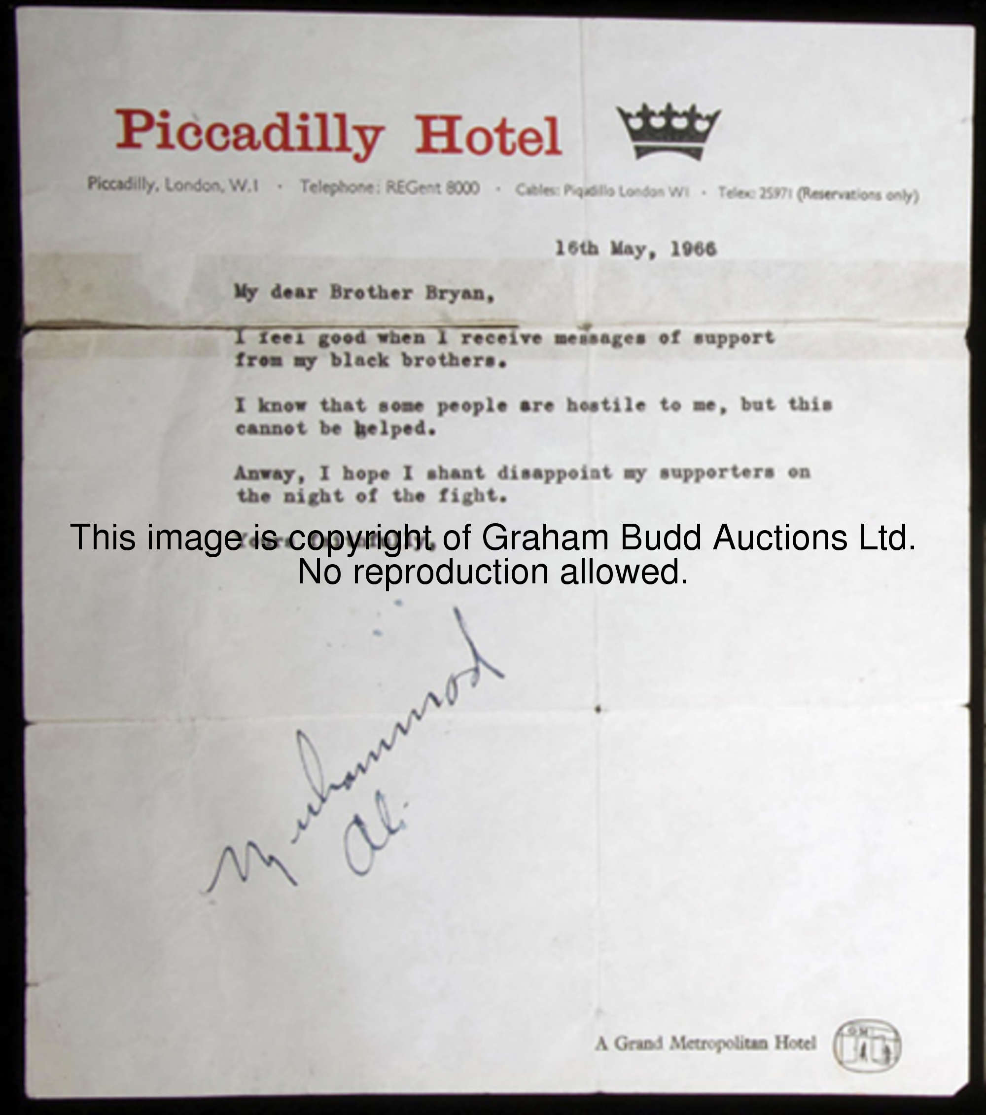 A Muhammad Ali autographed typescript letter on a London hotel notepaper dated 16th May 1966, readin...