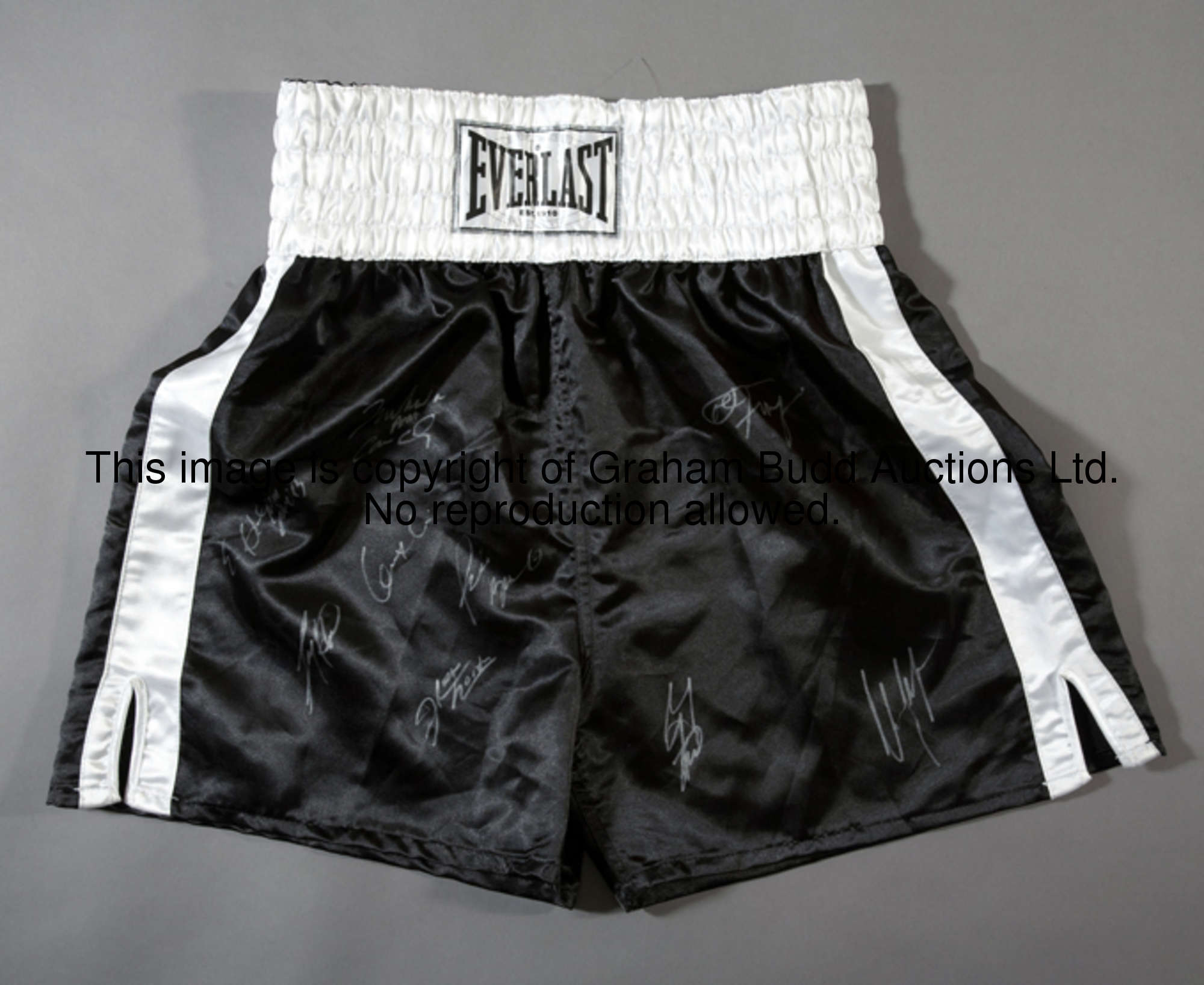 Boxing trunks signed by nine heavyweight champions of the world, black Everlast, signed in silver ma...