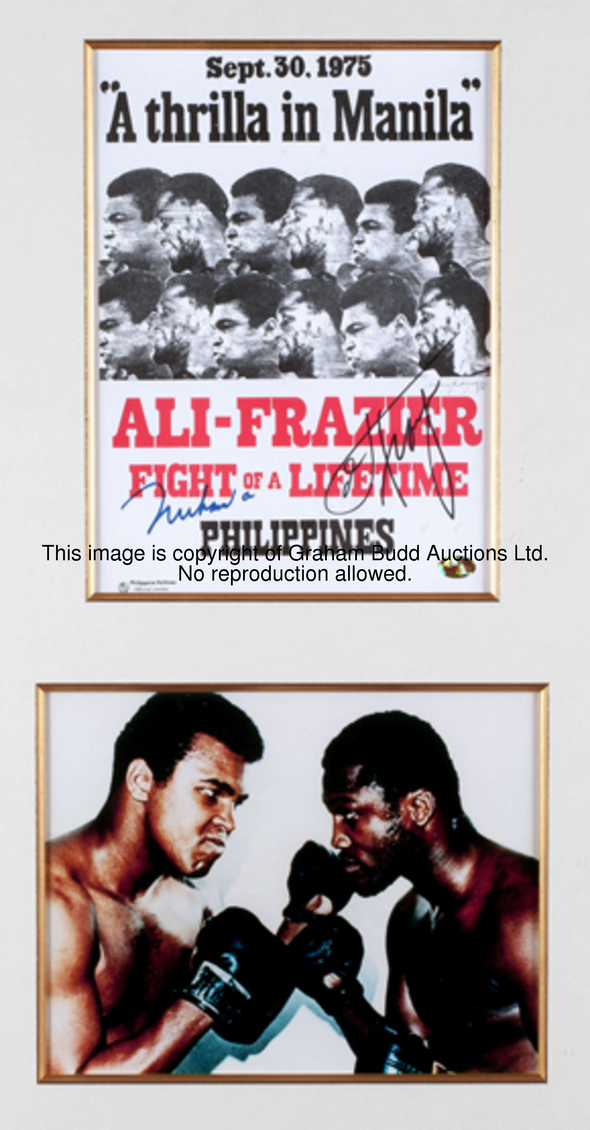 A double-signed Muhammad Ali & Joe Frazier 'Thrilla in Manila' framed display, comprising a repro po...