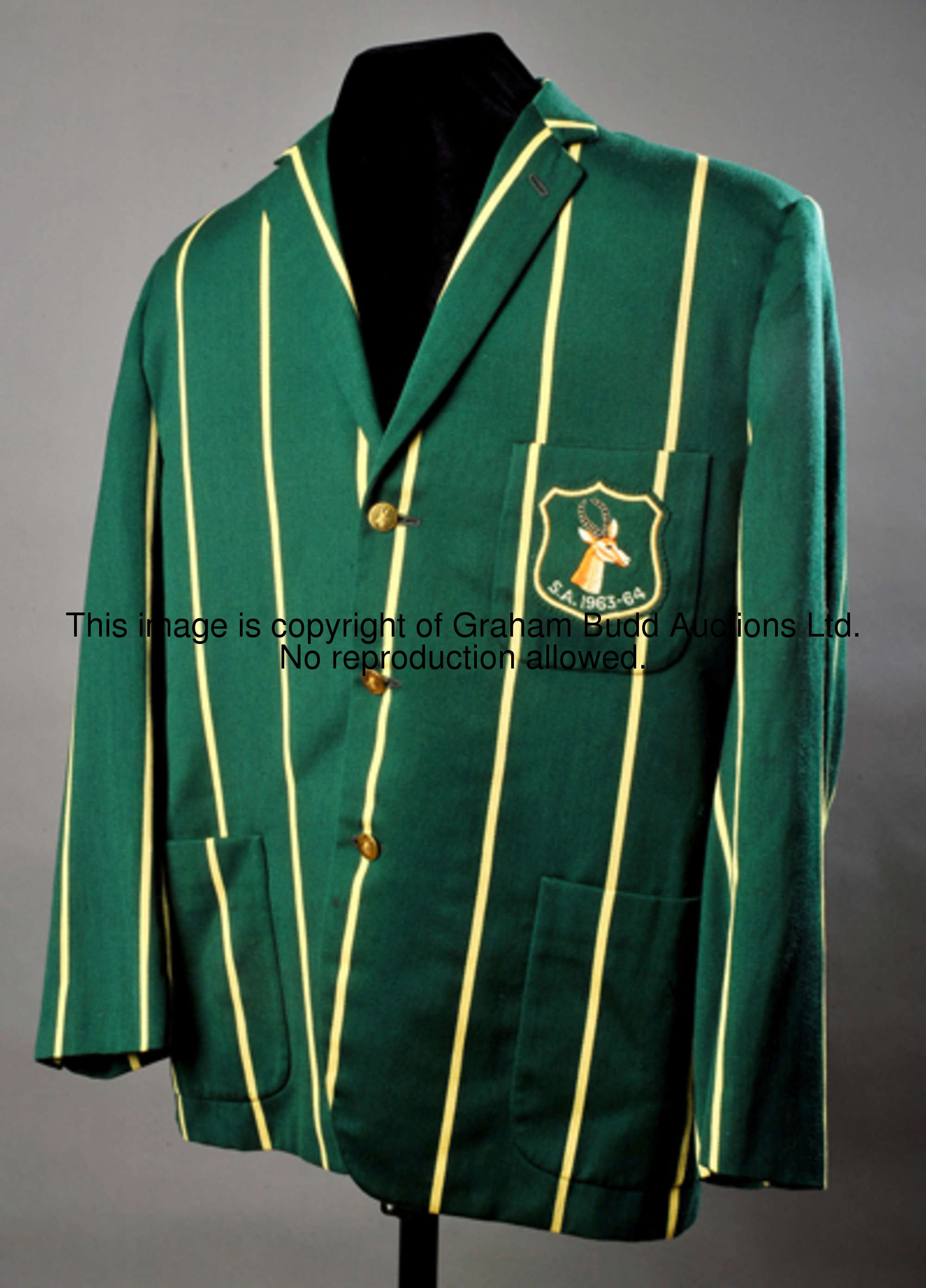 Eddie Barlow's South Africa blazer from the tour of Australia 1963-64, gold striped green wool, name...