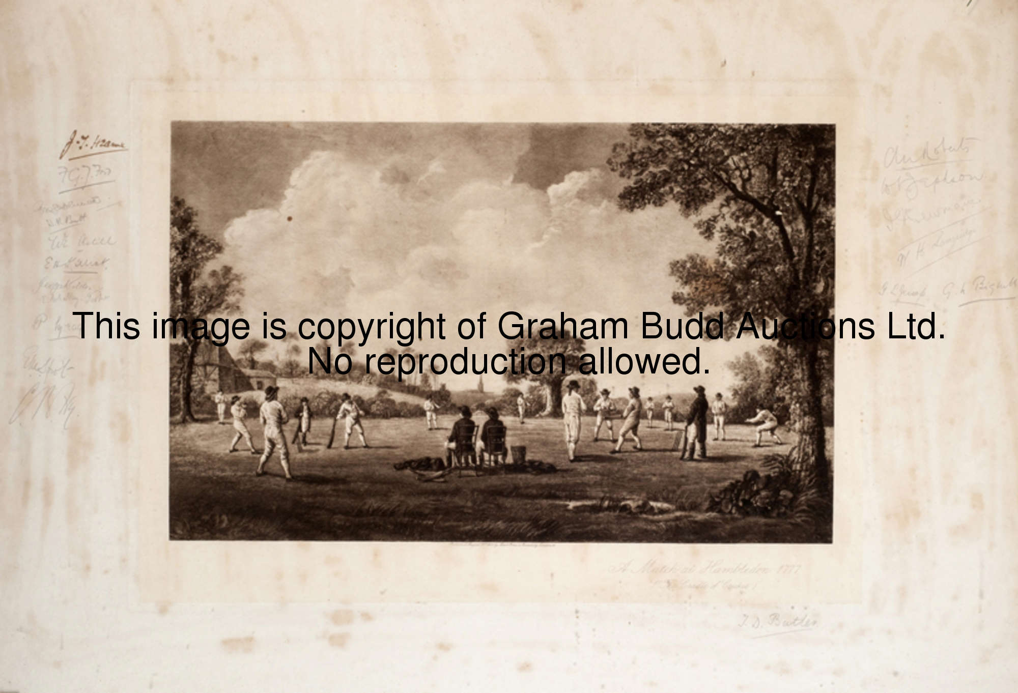 An autographed copy of the Forbes-published 1908 cricket photogravure ''A Match at Hambledon 1777'',...