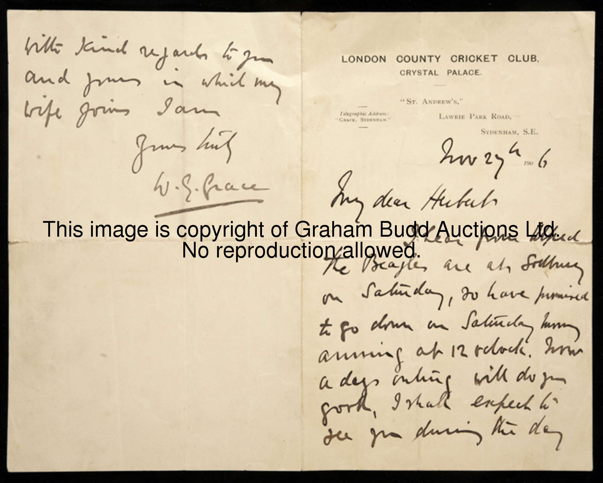A signed manuscript letter from the English cricketer W.G. Grace, dated 27th May 1906, 2 pages in bl...