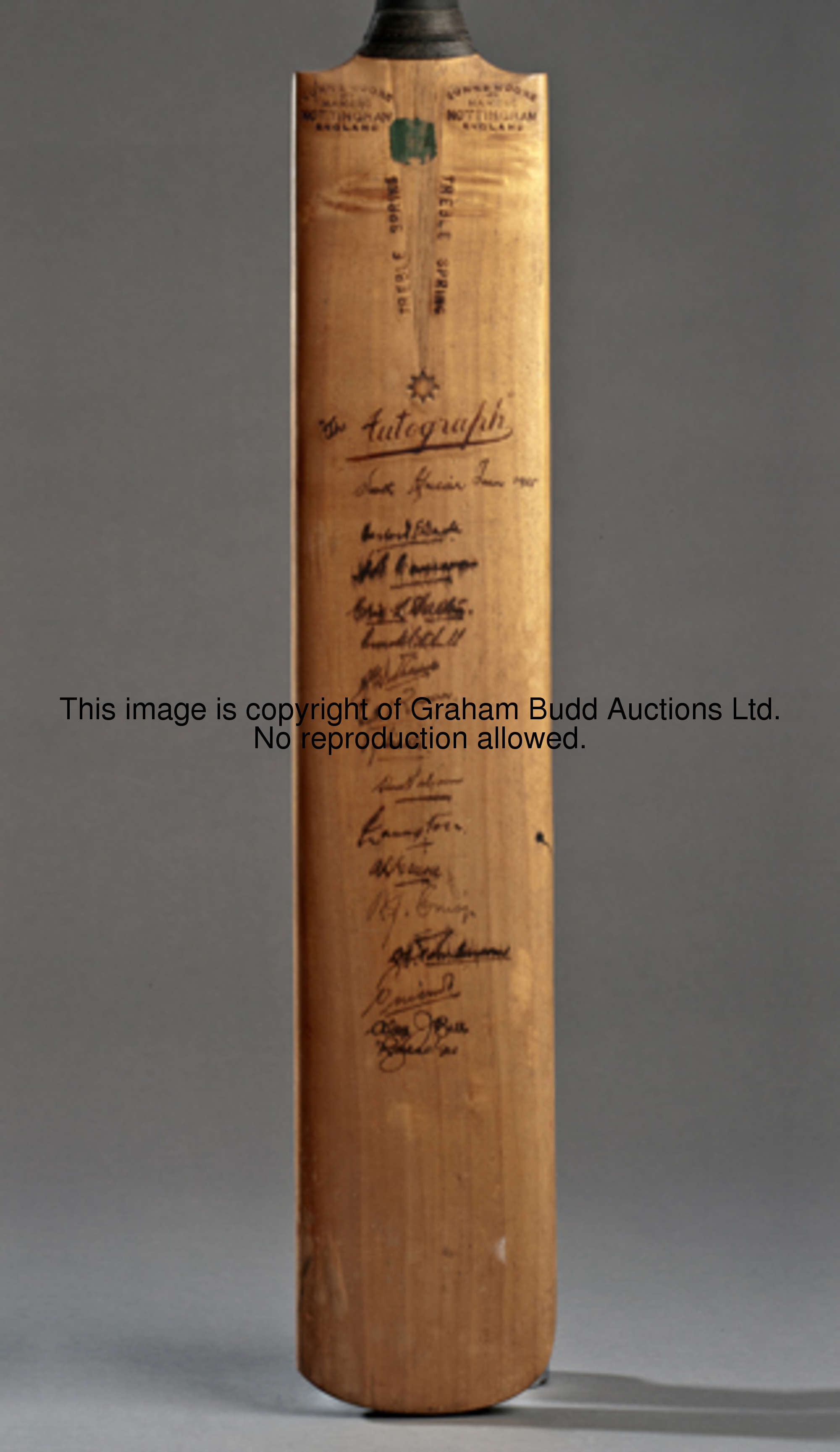 A cricket bat signed by the first South Africa team to win a Test series in England in 1935, fifteen...