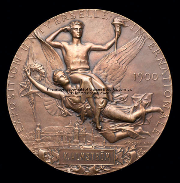 A 1900 Paris Exposition Universelle Internationale medal, designed by Chaplain in bronze, head of th...