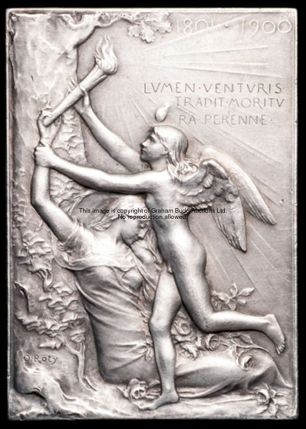 A 1900 Paris Exposition Universelle International plaquette, designed by O. Roty in silvered bronze....