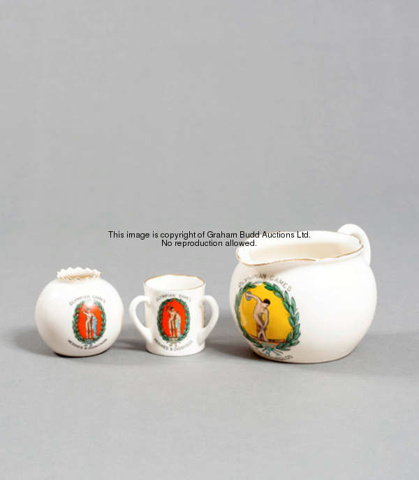 Three W.H. Goss miniature china vessels commemorating the 1908 London Olympic Games, i) a jug Rd. No...