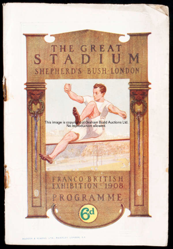 An official programme for the 1908 London Olympic Games, for the Shepherd's Bush Stadium, colour pic...