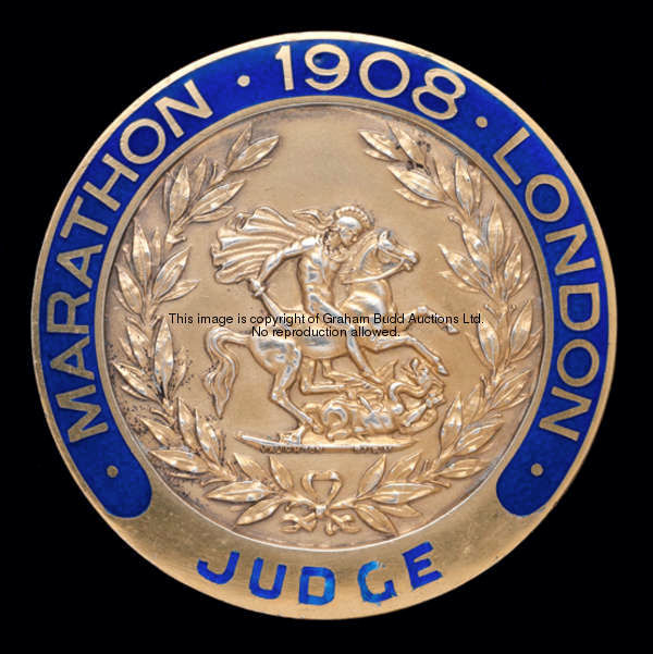 A fine and rare 1908 London Olympic Games marathon judge's badge, in silver-gilt & blue enamel by Va...