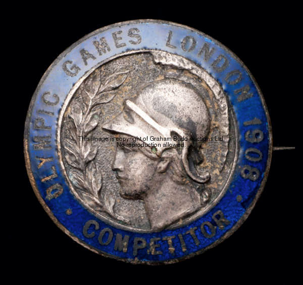 A 1908 London Olympic Games competitor's badge, by Vaughton of Birmingham, silvered bronze & blue en...