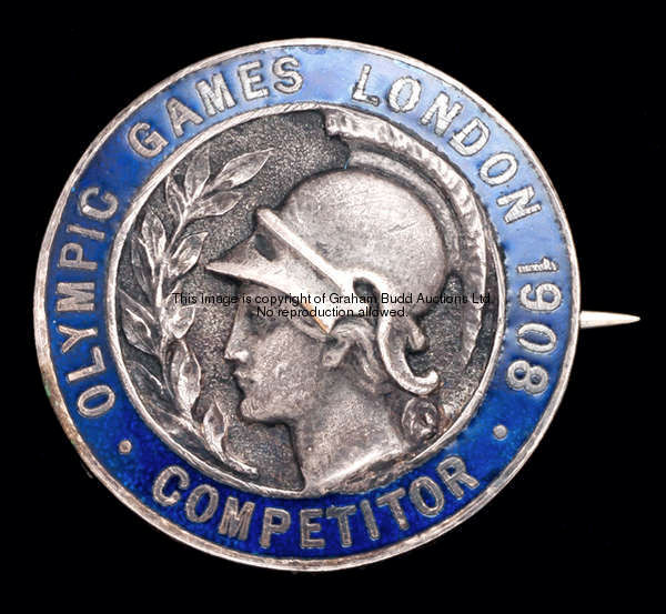 A 1908 London Olympic Games competitor's badge, by Vaughton of Birmingham, white metal with the head...