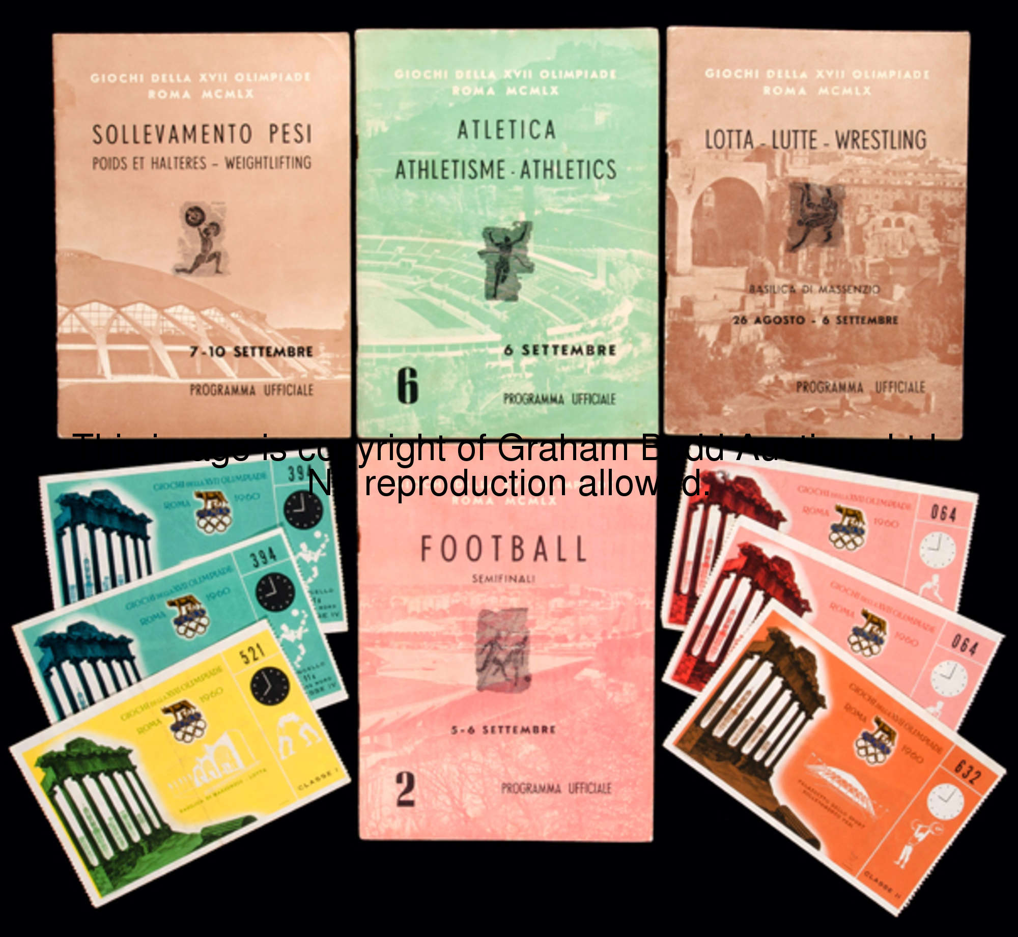 A group of four 1960 Rome Olympic Games official programmes and six entrance tickets, the programmes...